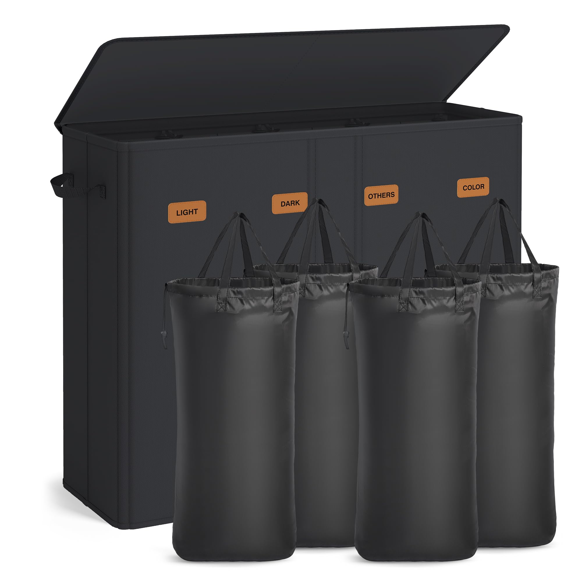 SONGMICS Wäschekorb mit 4 Fächern, 210 L, mit Deckel, 5 Etiketten, herausnehmbarer und waschbarer Innensack, Waschküche Schlafzimmer, tintenschwarz RLH014B01