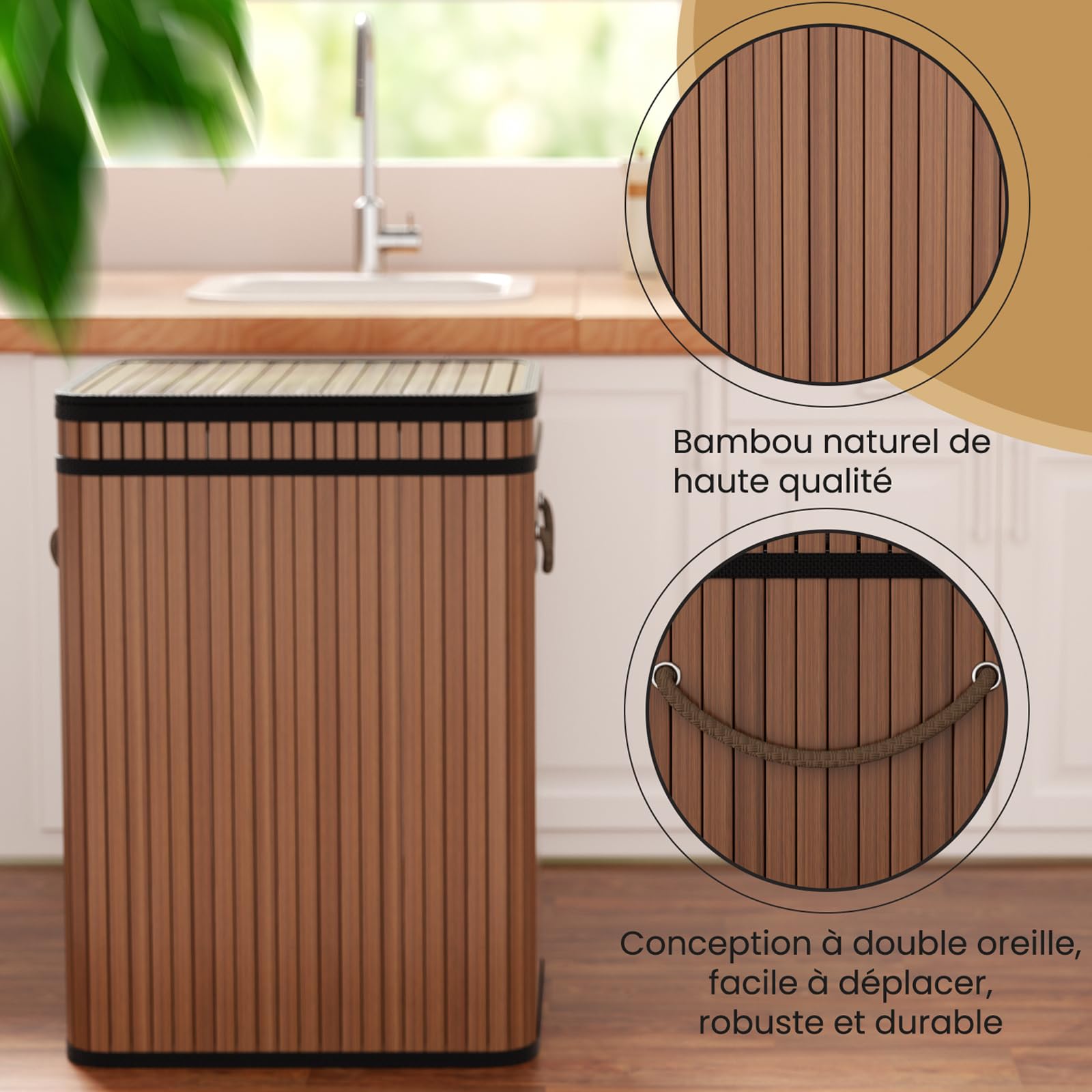 80 Liter großer Mülleimer mit Deckel, Mülleimer aus Bambus, Mülleimer für den Außenbereich, für Zuhause, Büro, Bad, Küche, 40 x 30 x 60 cm, Braun