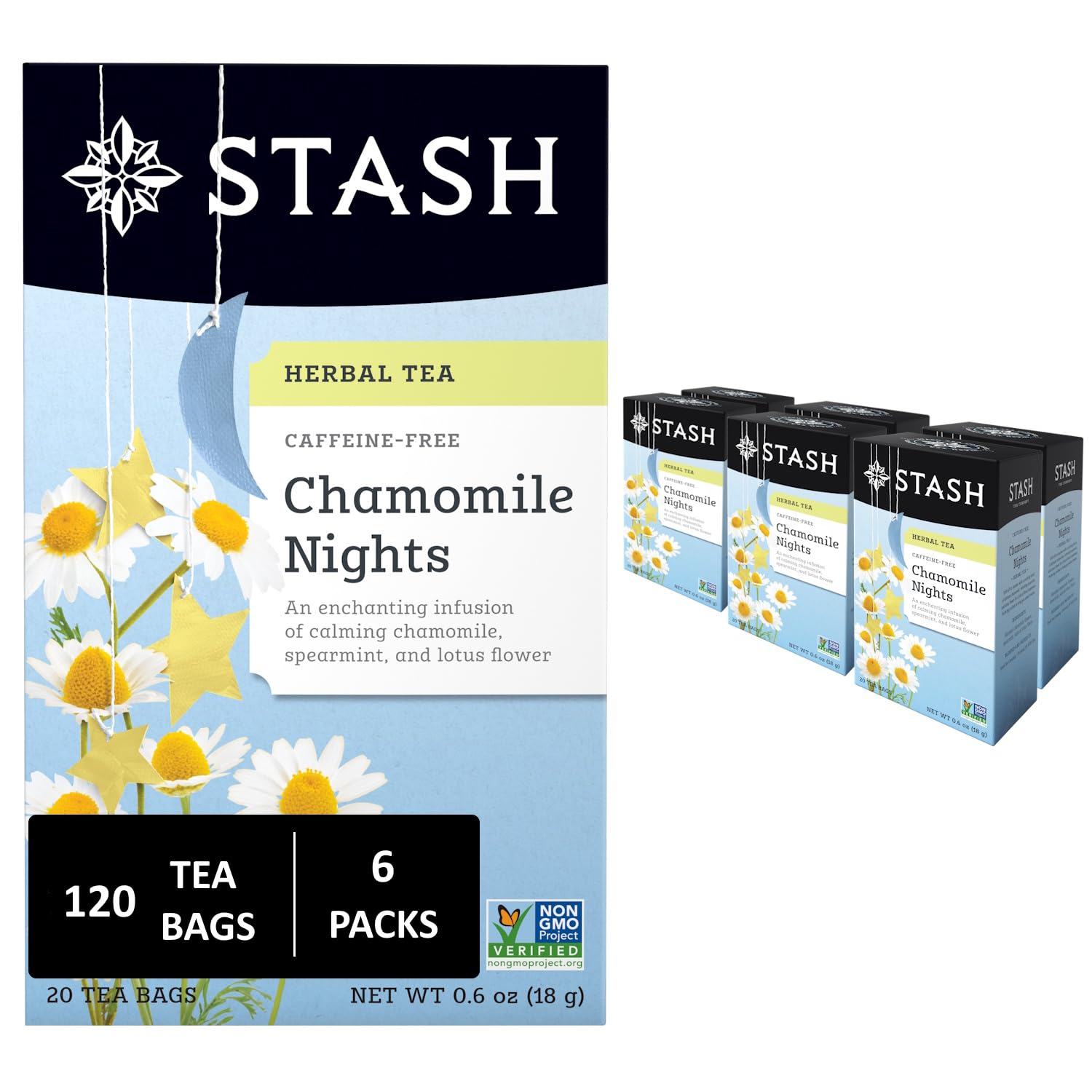 Stash Tea Chamomile Nights Herbal Tea - Naturally Caffeine Free, Non-GMO Project Verified Premium Tea with No Artificial Ingredients, 20 Count (Pack of 6) - 120 Bags Total