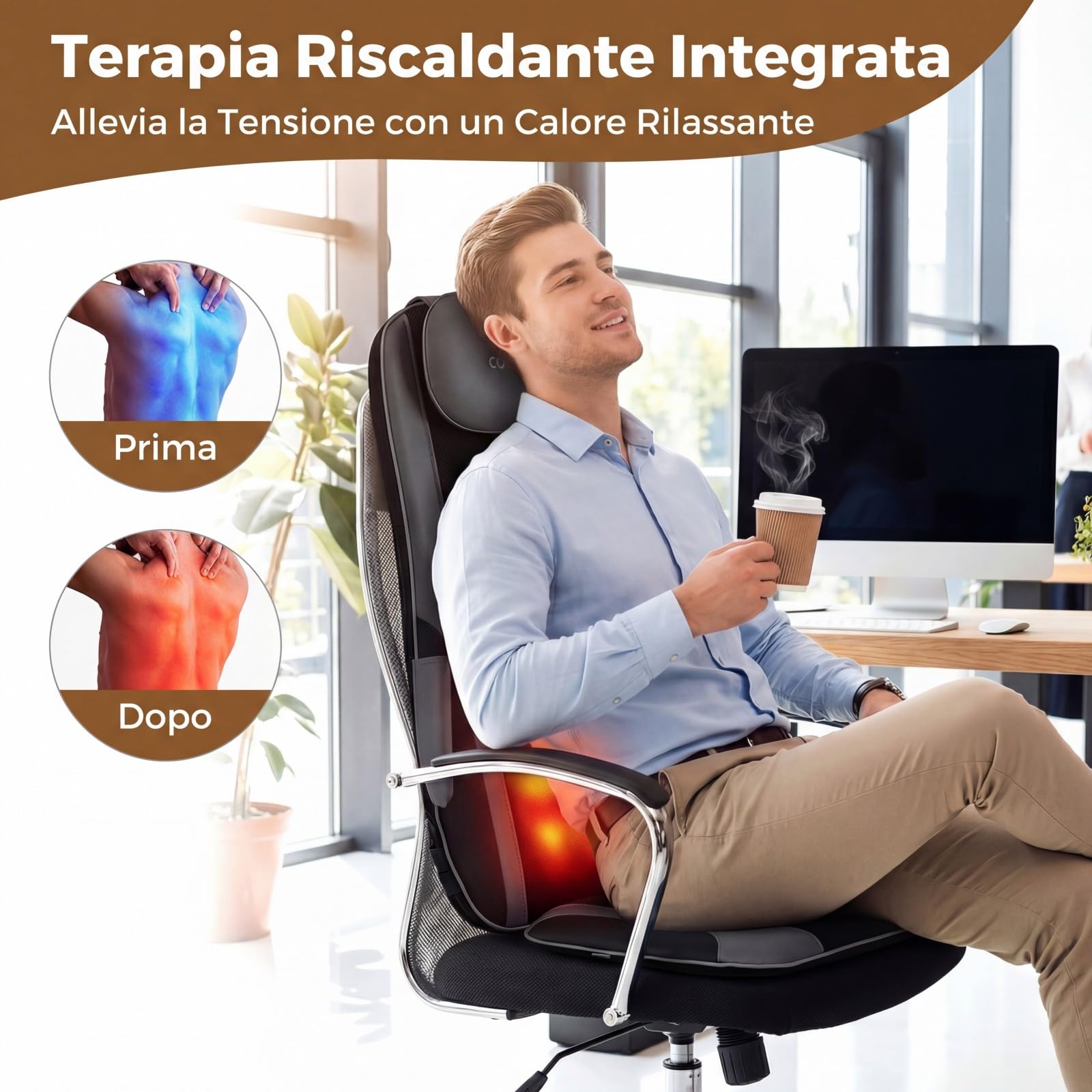 COSTWAY Sedile Massaggiatore per Schiena con Calore, Cuscino Massaggiante Shiatsu per Poltrona con 4 Nodi Impastanti a Rotazione e 2 Motori Vibranti, Massaggiatore 3D per Collo e Schiena