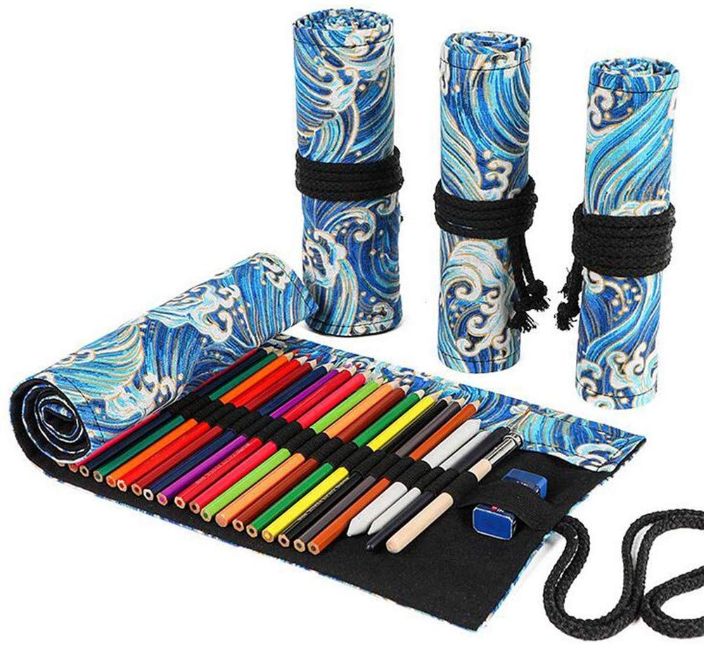 VIONNPPT Stifte-Rolle Aus Leinwand – Organizer Für Buntstifte, 72 Fächer, Mit Extra Taschen, Pflaumenblüten-Design