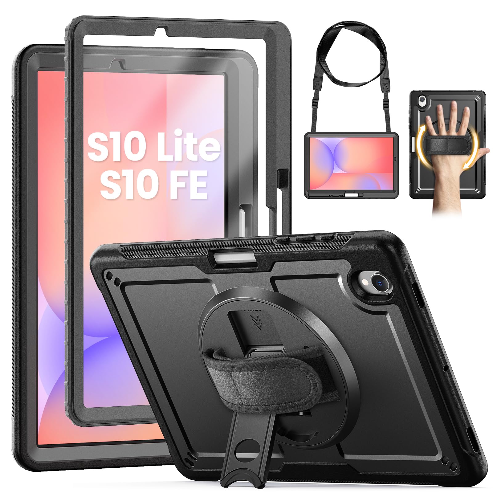 KAIJIAbox for Samsung Galaxy Tab S10 Lite / S10 FE Case 10.9 Inch 2025 | Full-Body Shockproof Protective Case with Screen Protector, 360° Rotating Stand, Hand & Shoulder Strap, Black
