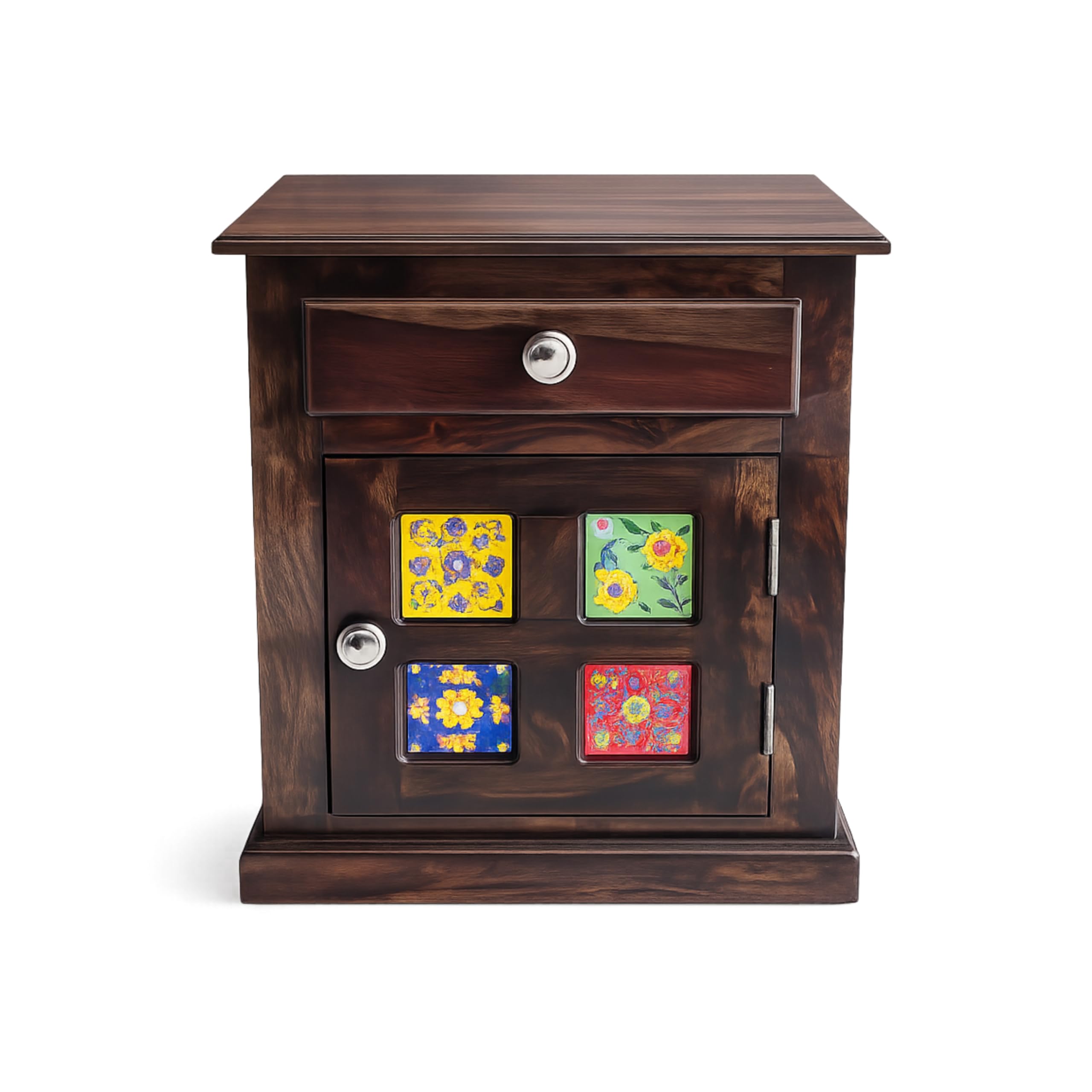 Solid Sheesham Wood Bedside Table with Handcrafted Decorative Cabinet Panels & Drawer | Wooden Nightstand with Storage | Walnut Finish-picture-30