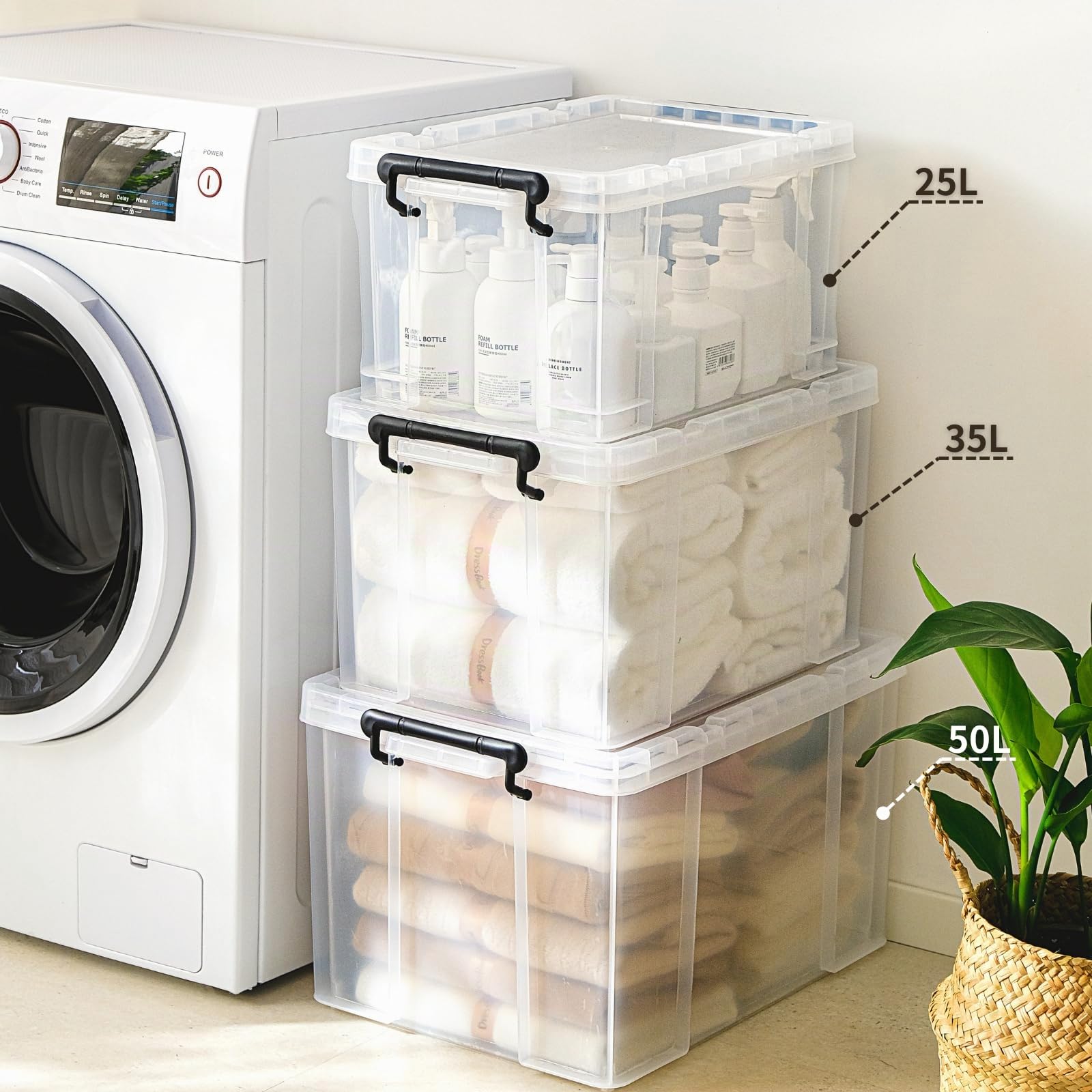 Cetomo 35L*3 Cajas de Almacenamiento, Cubo de Almacenamiento Plástico Apilable con Tapas, Contenedor de Alta Resistencia con Esquinas Reforzadas, Duradero, Transparente, 35L-Conjunto de 3