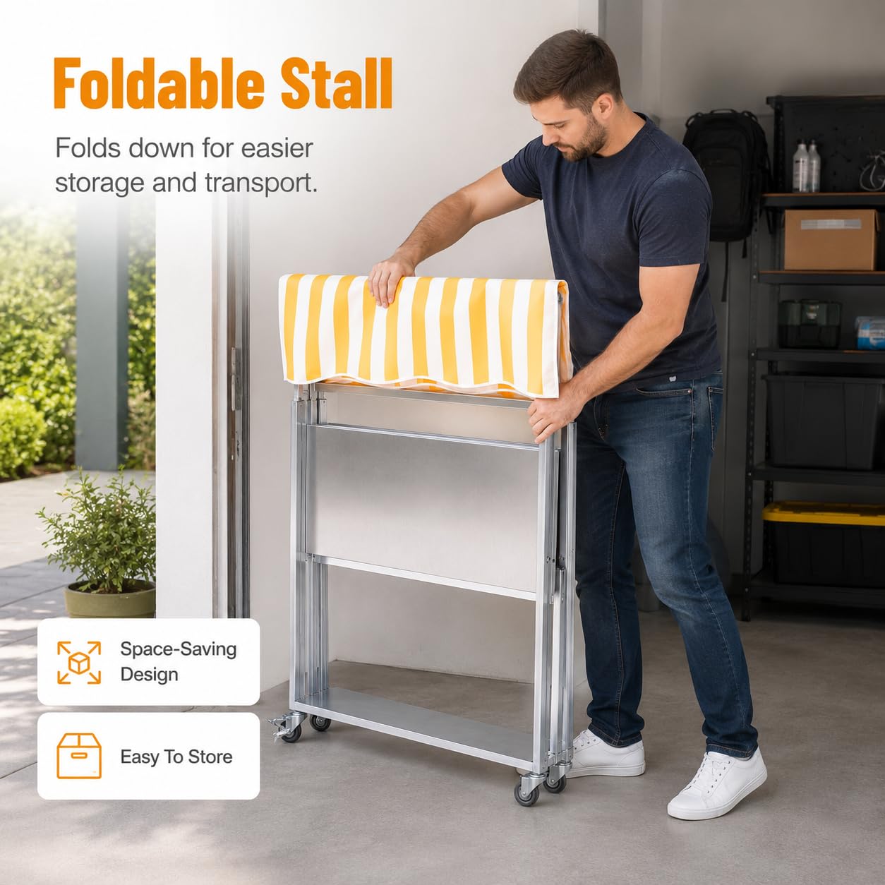 Carrello porta alimenti pieghevole zincato con ruote e tenda, giallo, 120