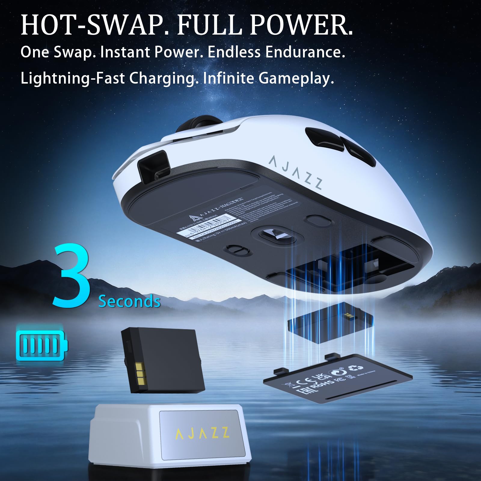 FREEWOLF X AJAZZ AJ159 V2 Ratón Gaming Inalámbrico, Batería Hot Swap, Triple Modo (2.4G/Bluetooth/Cableado), Sensor PAW3395, Ultraligero 54 g, hasta 32000 dpi, Tasa de Sondeo 1000Hz