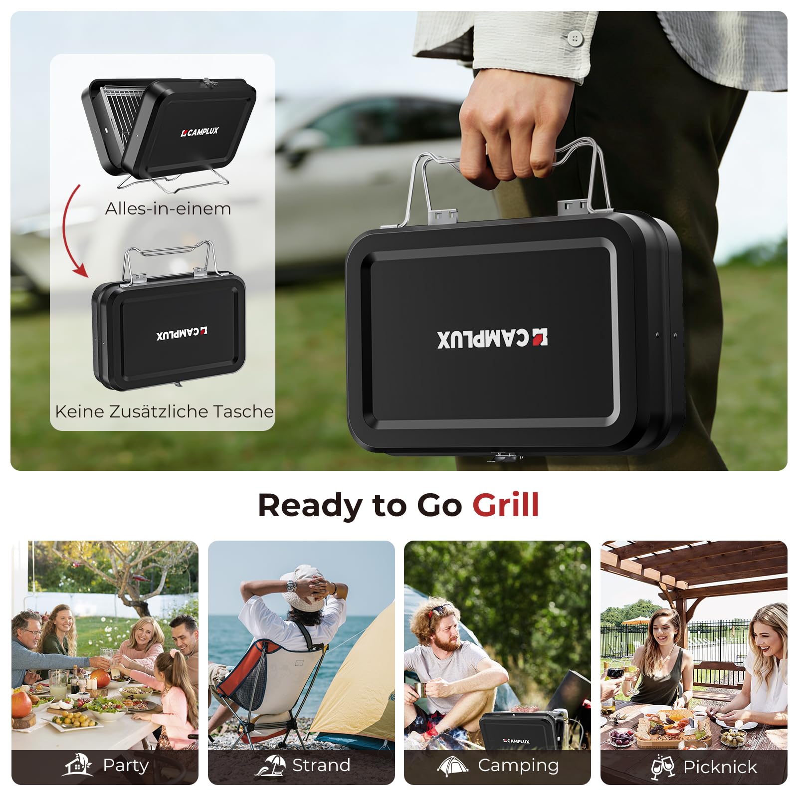 CAMPLUX Tragbarer 2-in-1 Koffergrill, Gas- und Holzkohle-Campingkocher mit 32 x 23,5 cm Rost, klappbar kompakt für Camping, Rucksackreisen, Balkon & Reisen, FoldGo FG16GB