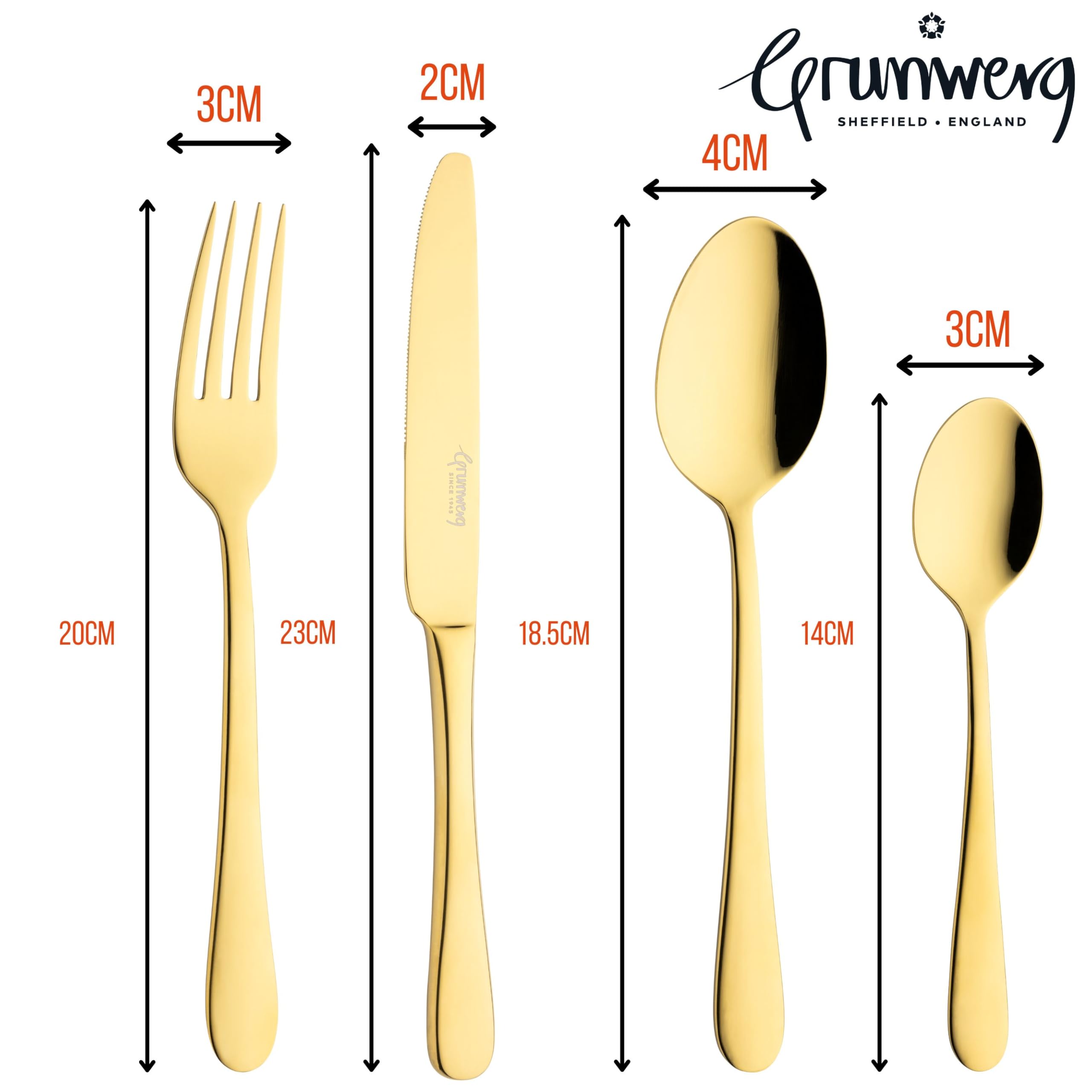 Grunwerg Windsor Juego de Cubiertos de 16 Piezas, Oro, Acero Inoxidable 18/10, Recubrimiento PVD, 4 x Cuchillos de Mesa, Tenedores de Mesa, Cucharas de Postre, Cucharillas de Té