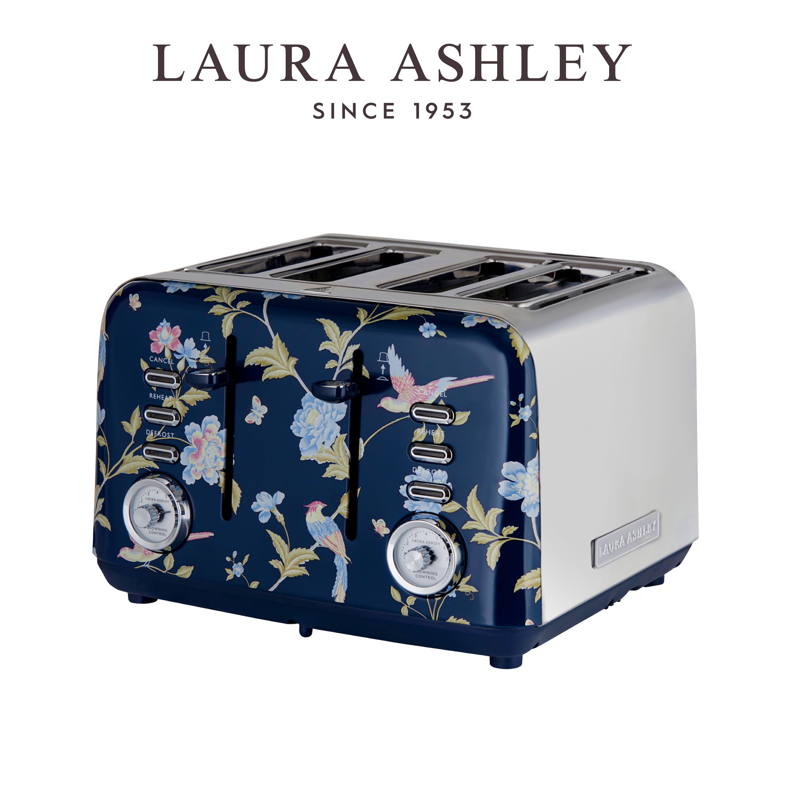 VQ Laura Ashley Elveden Navy Tostadora Acero Inoxidable 4 Ranuras | Modos Calefacción Descongelación Recalentamiento Ajustables Vintage Soporte Calentar Croissants