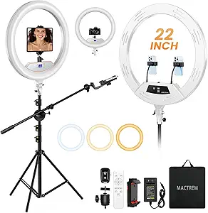 Ring Light 22inch Kit: Ring Light Tripod for iPhone ipad,with 75" Tripod/LCD Display/4 Phone Tablet Clips/2 USB Ports,LED RingLight for Barber Makeup Tattoo TikTok Video Recording Vlog (White)