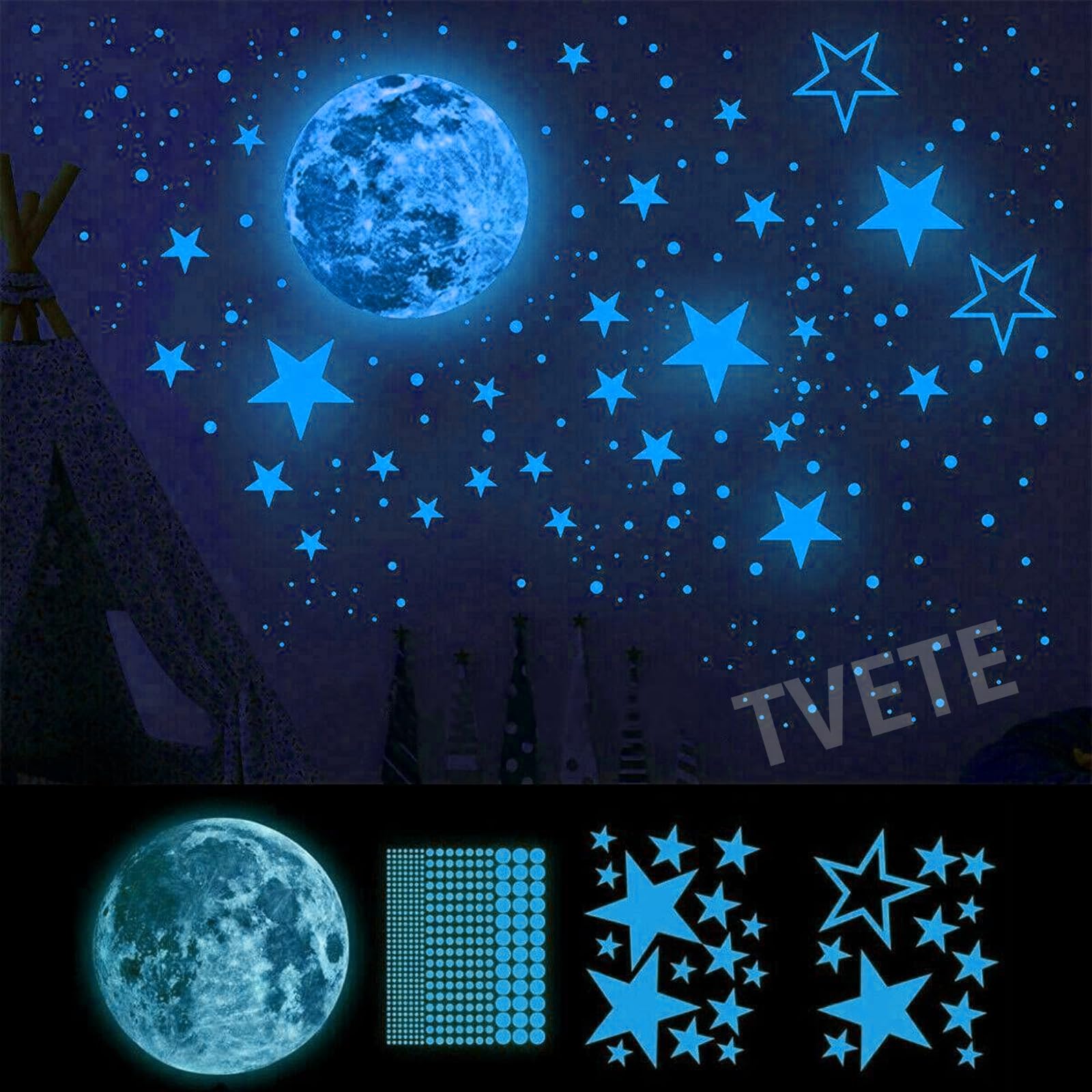 Luminous Sticker, Luminous Sticker, Luminous Stars+Moon, Glow Wall Sticker, Luminous Seal, Fluorescent, Starry Sticker, Glitter, Starry Sky, Glitter, Room Decoration, Perfect Atmosphere, Stylish