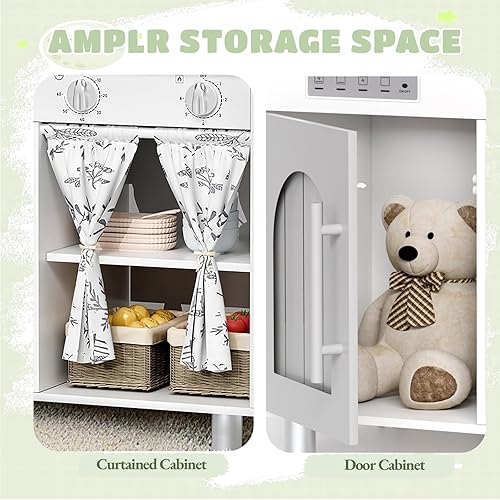 Miniatura 4 de Arlopu Juego de cocina para niños, juego interactivo de chef con gabinete con cortina, estufa con perillas de clic, grifo y fregadero, accesorios de