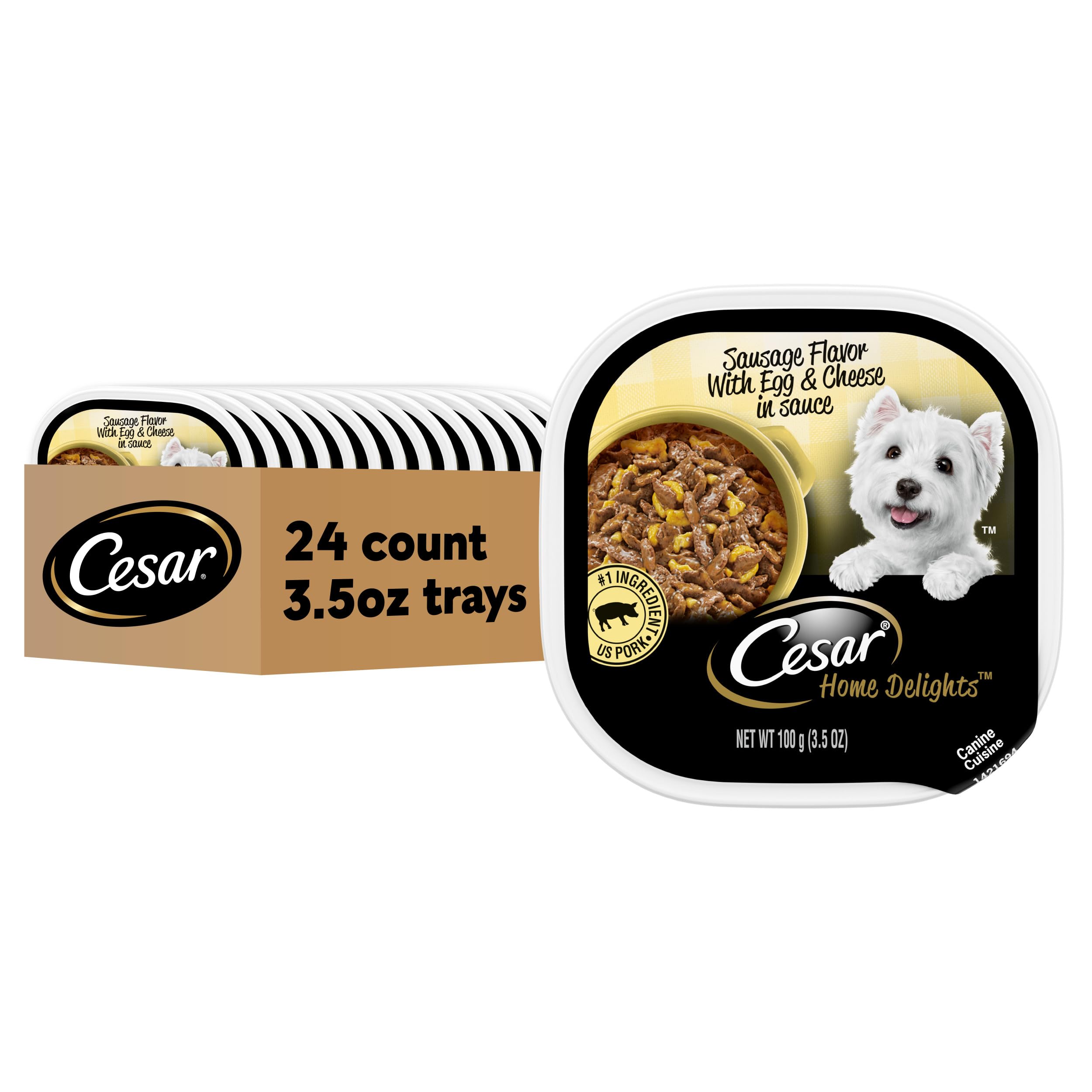Cesar Home Delights Adult Wet Dog Food, Sausage Flavor with Egg & Cheese in Sauce, Wet Food for Dogs, 3.5 oz Tray, 24 Count