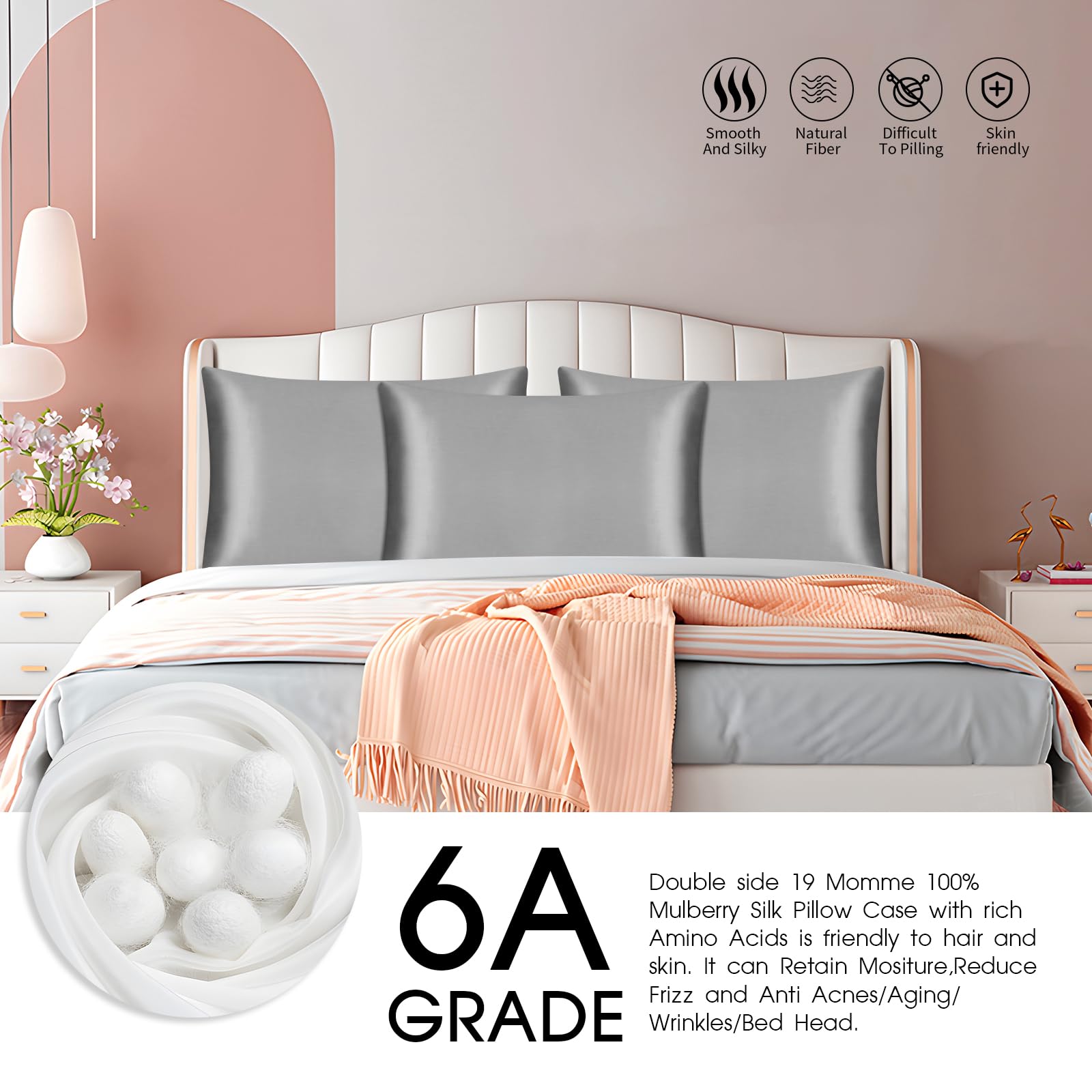SILKTALE Mulberry Silk Pillowcase Set of 2 for Hair and Skin No Zipper Gray/Grey, Queen Size 50 x 75 cm, Silve Gray-2 Pack, 50x75cm - Image 4