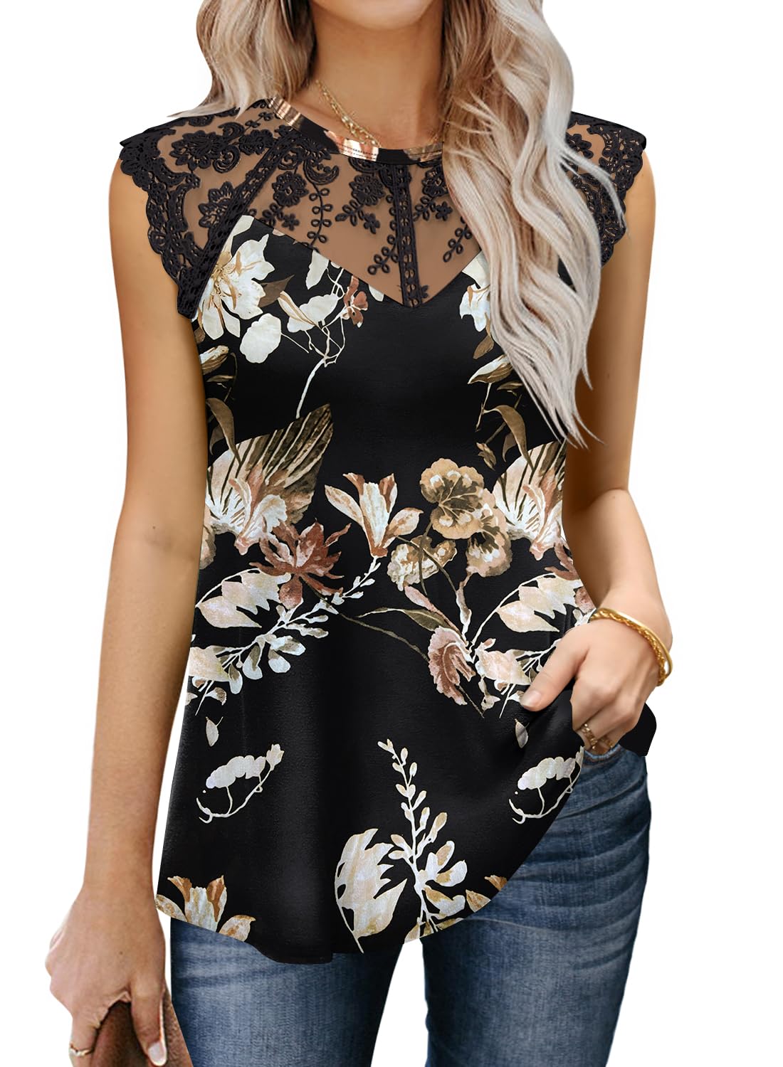 MIHOLL Womens Sleeveless Tops Lace Floral Casual Loose Blouses Tank Shirts