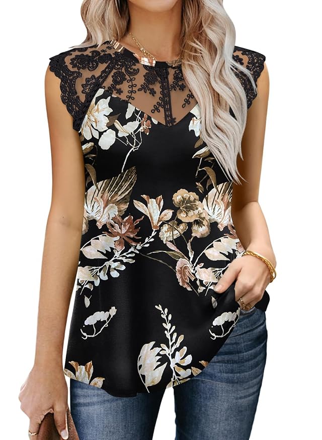 MIHOLL Womens Sleeveless Tops Lace Floral Casual Loose Blouses Tank Shirts