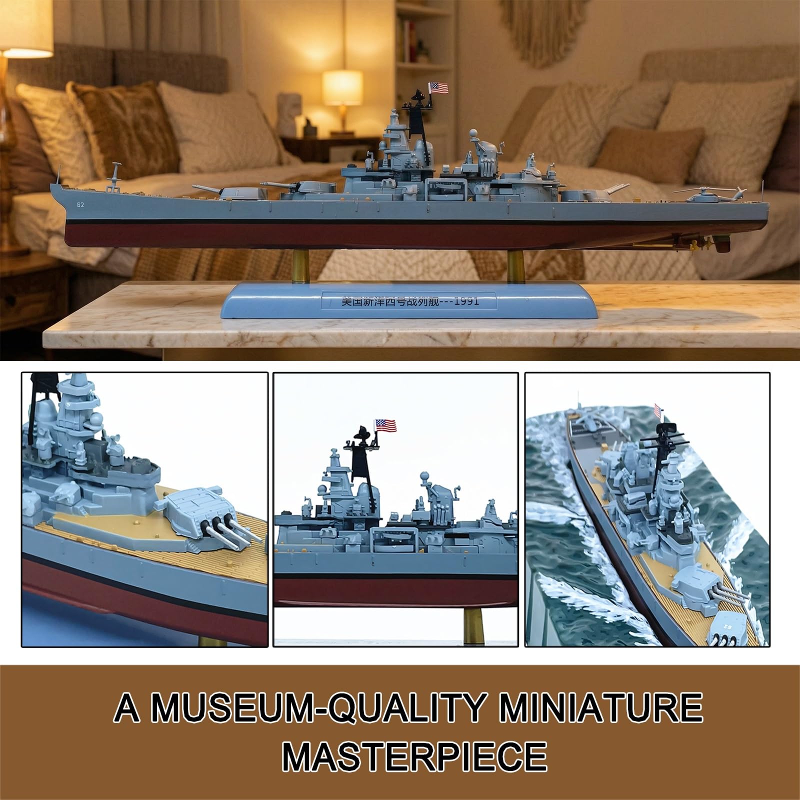 Pancernik USS 1991 New Jersey w skali 1:1000 Wstępnie zmontowany model ze stopu ze stojakiem i podstawą wodną – prezent dla kolekcjonerów wojskowych na biurko, półkę lub gablotę(B)