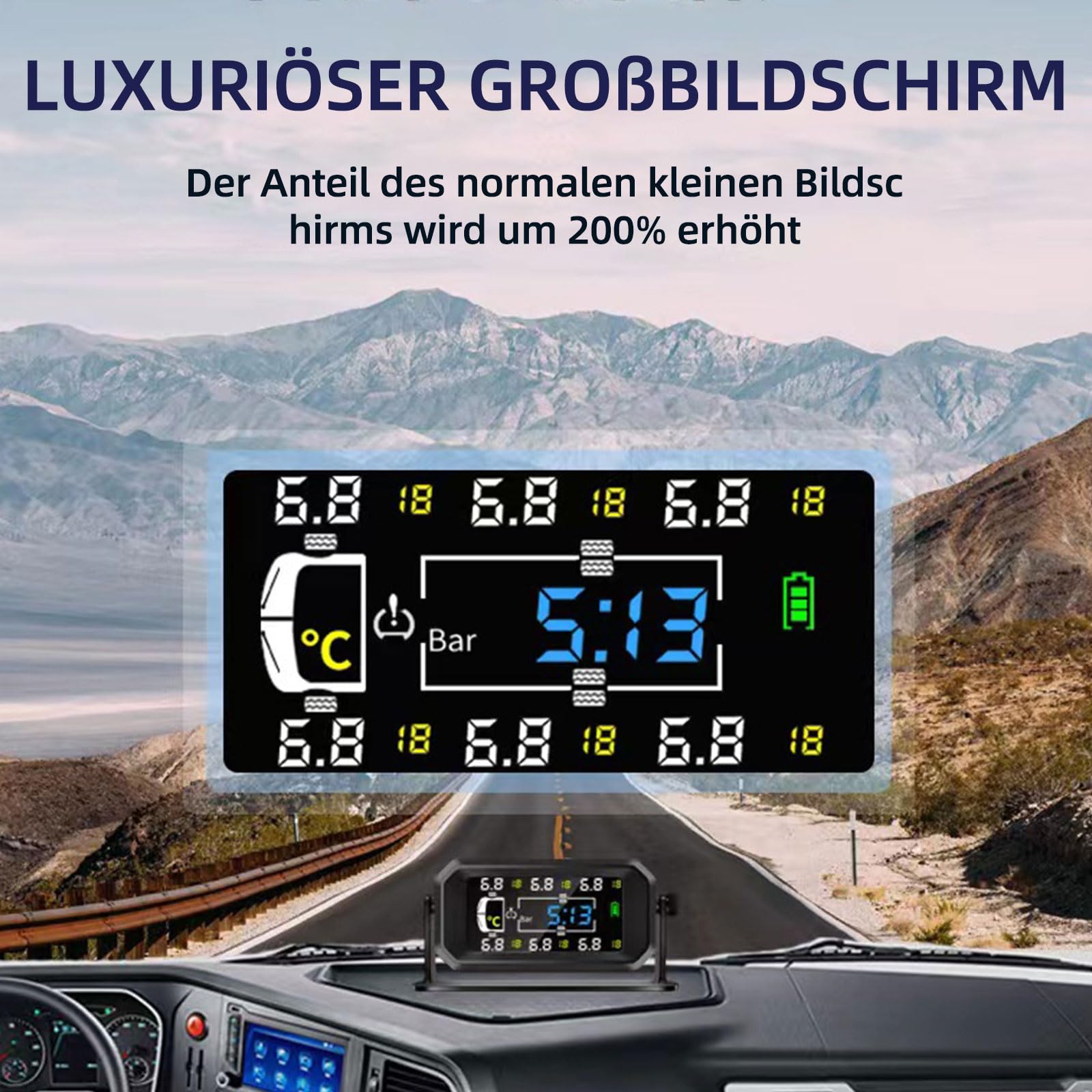 Reifendruckkontrollsystem, TPMS 6 Rad Modi, 8 /15 BAR, 116/217 PSI Max, mit 6 Externen Kupfer Reifendrucksensor, Vertikal/Hängend Montierbar, Solar USB Aufladung, für Busse, Wohnmobile, LKW (0-15 BAR)