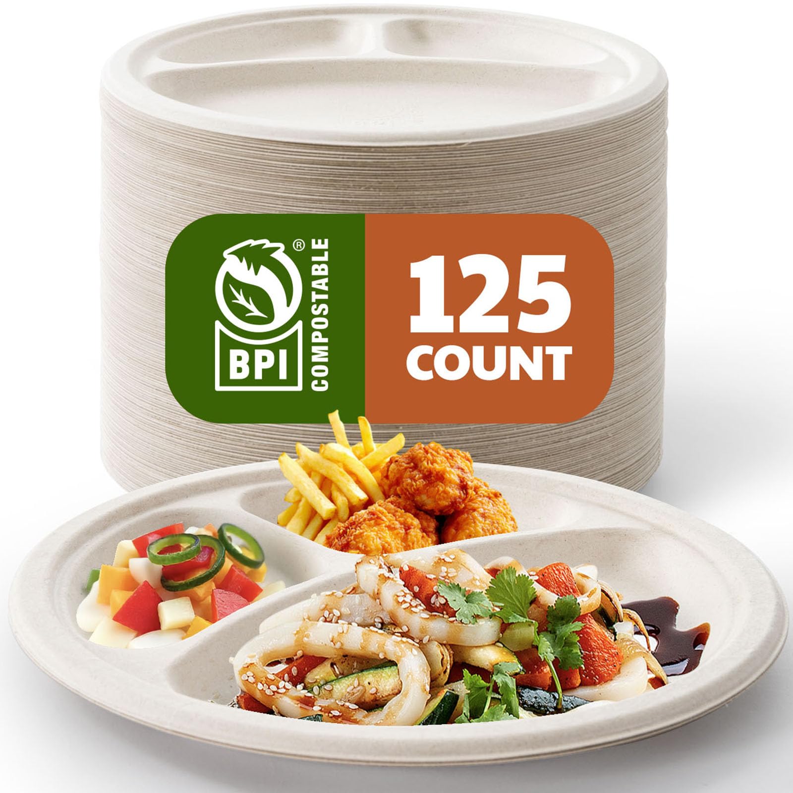 Kompostierbare Pappteller, 25,4 cm, 3 Fächer, Einwegteller, biologisch abbaubar, Bagasse, robuste Sektional-Lunch-Tabletts für Buffet, Grillen, Partys und den täglichen Gebrauch (Natur)