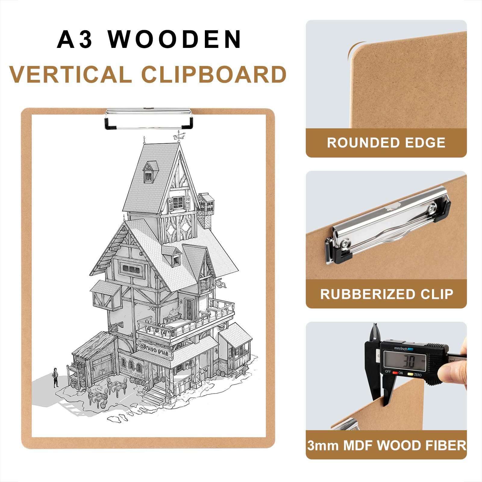 Srvnpioy A3 Clipboard, 2 Pack, Extra Large Clip Board, Vertical MDF Wood Lap Boards - Image 3