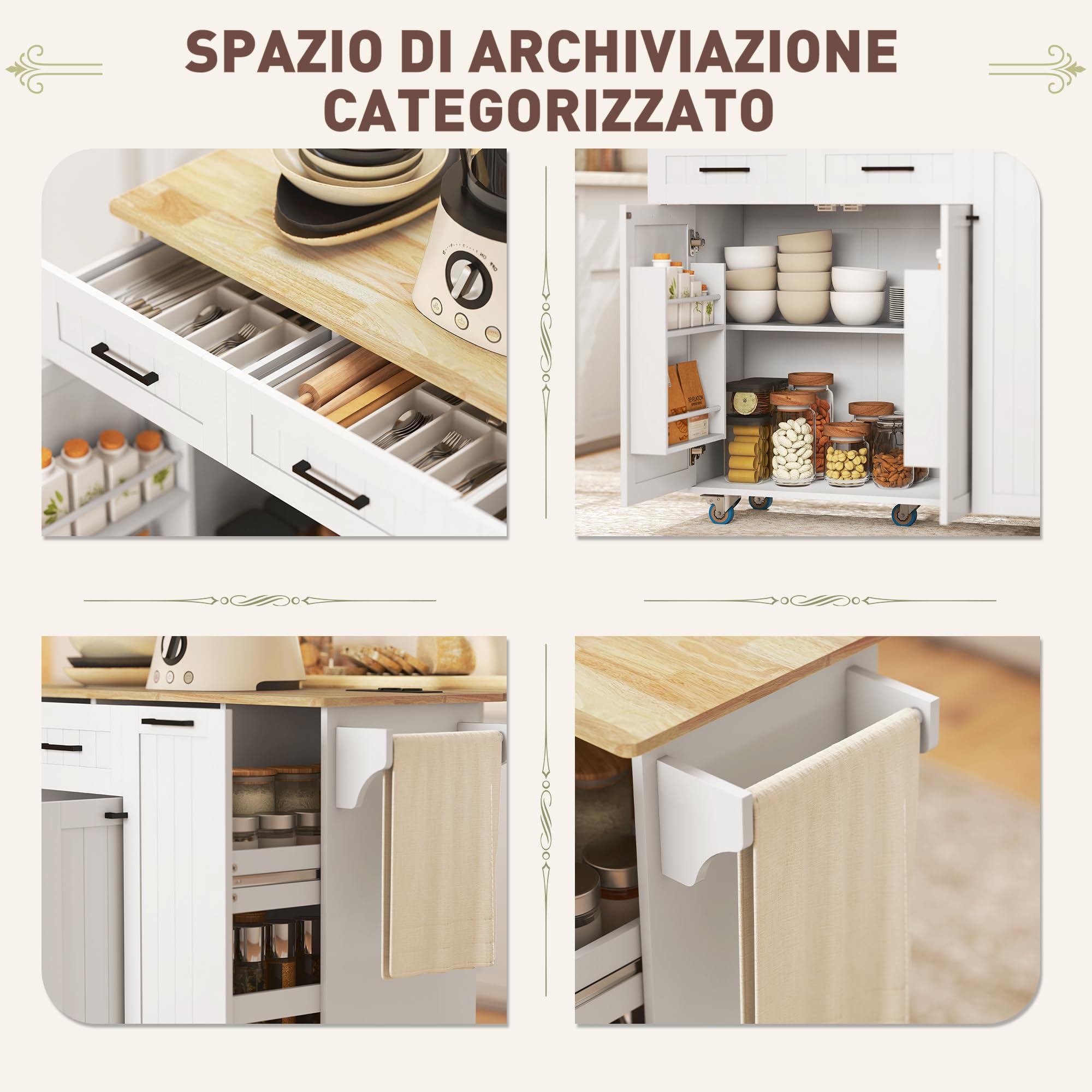 HOMCOM Isola Cucina con Ruote, Carrello Cucina con Stazione di Ricarica, Piano a Ribalta in Legno, Ripiani Regolabili, 2 Cassetti, Armadietto Estraibile, Portaspezie a Porta, Portasciugamani, Bianco