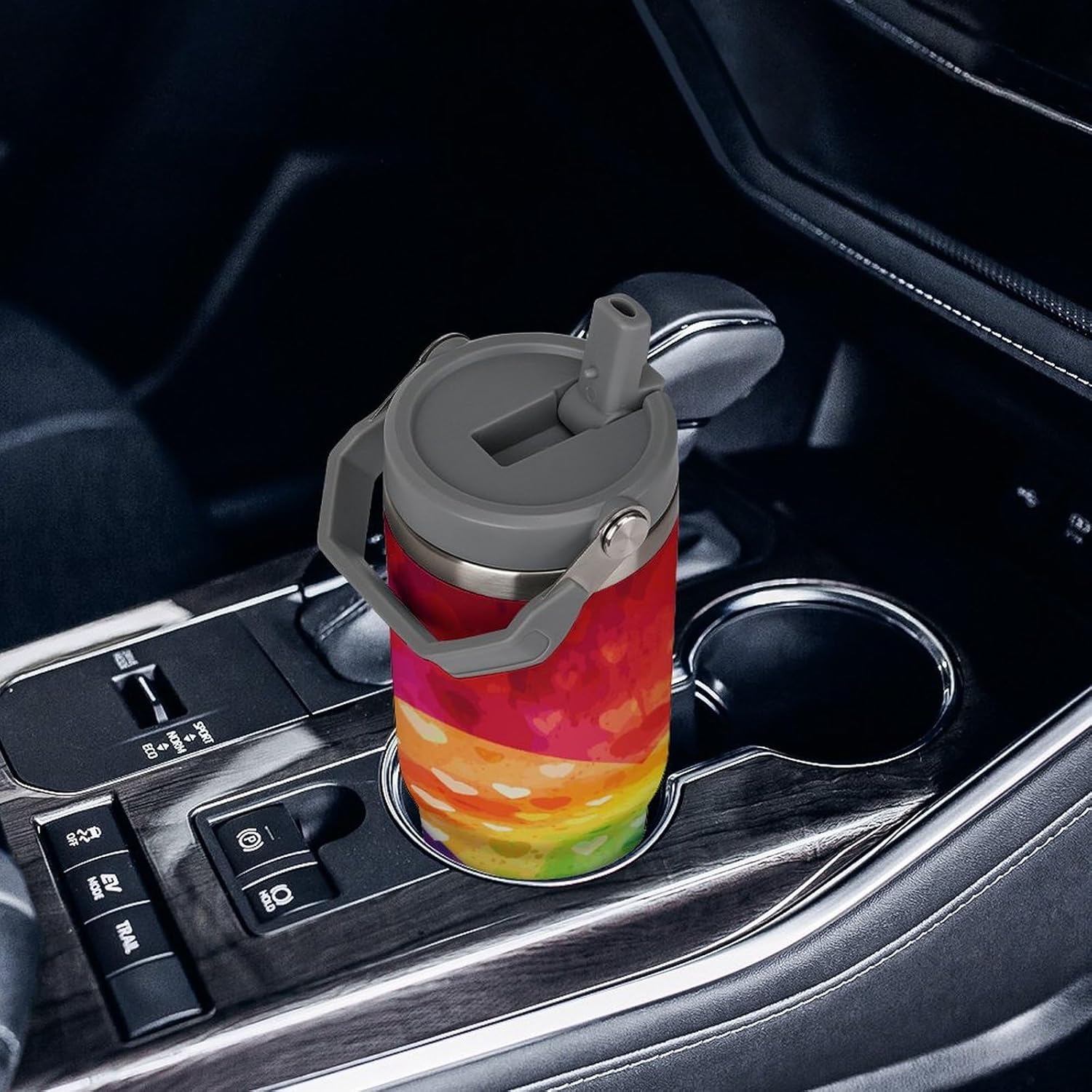 Colorful Rainbow Love Heart Water Bottle 30 Oz Fits Car Cup Holder,Insulated Coffee Mug Large Capacity Car Cups,Stainless Steel Double Wall Sport Bottle for Travel Sports Gym