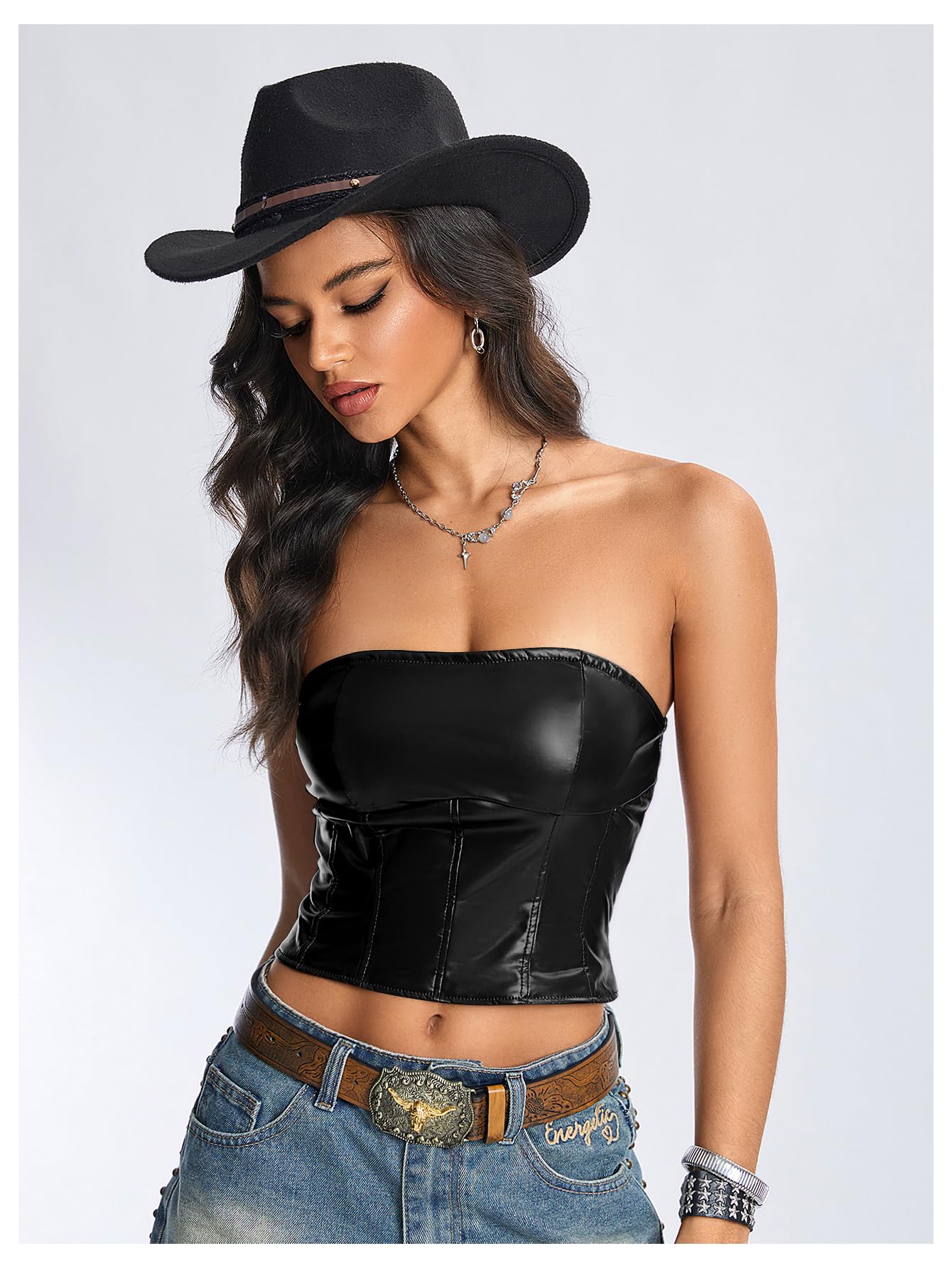 Floerns Top da donna in pelle PU con lacci sul retro Y2k Club senza spalline