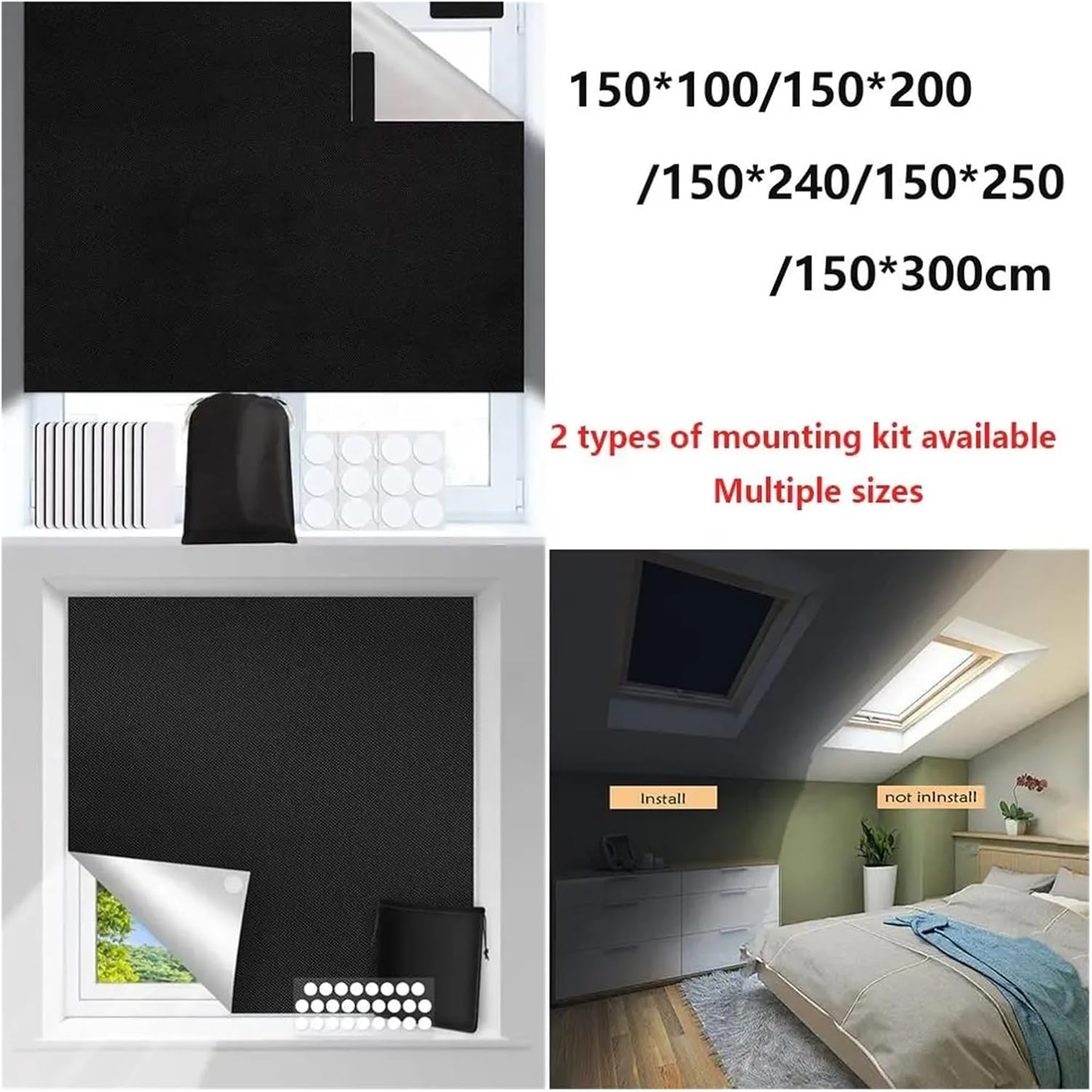 Non-Perforated Thermal Insulated Nursery Temporary Curtain Window Shade Travel Window Cover Curtain Blackout Blind for Window(A-150x300cm)