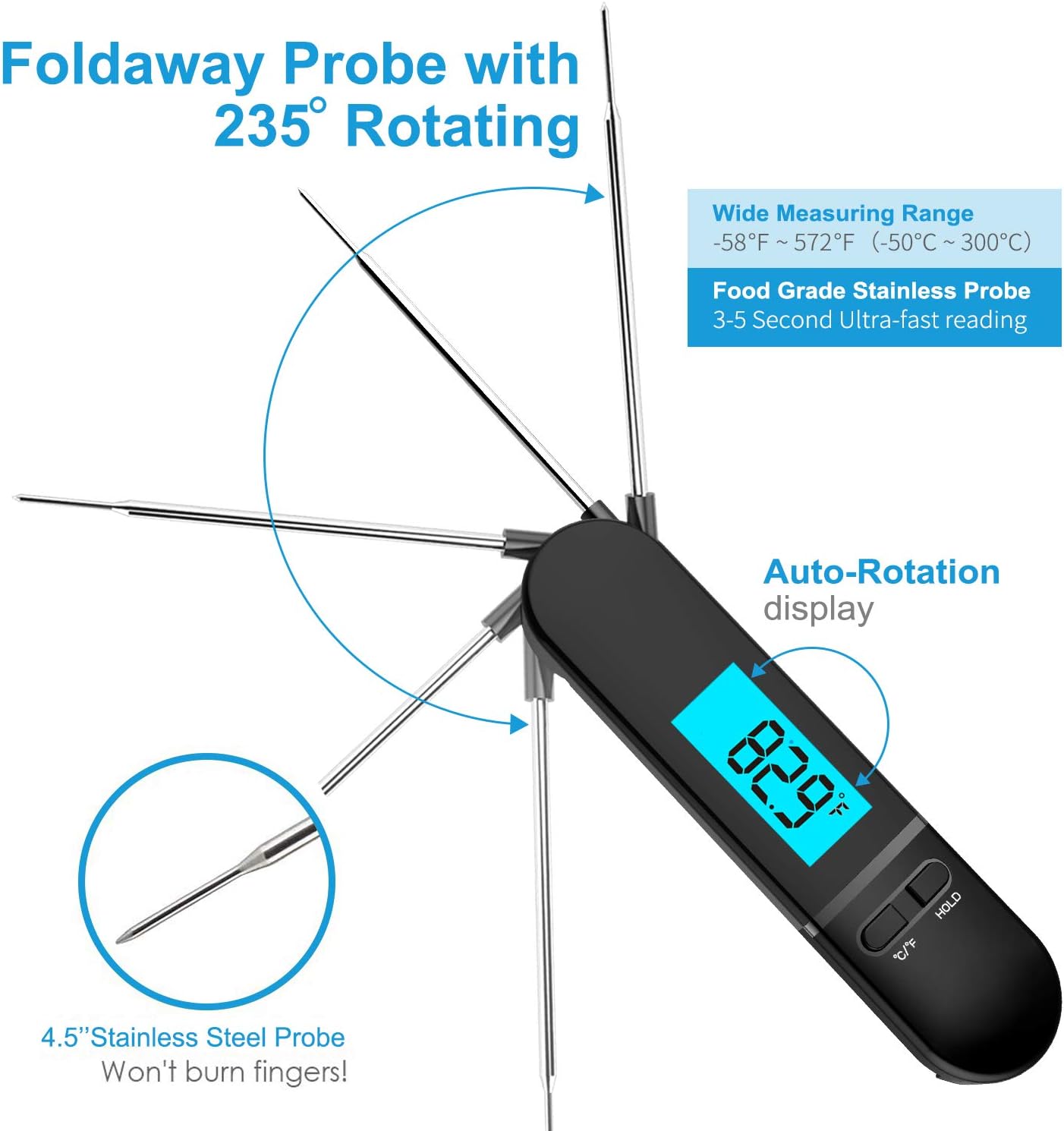 review Bademan Waterproof Instant Read Meat Thermometer with Auto-Rotating Display, Digital Cooking Food Thermometer with Folding Probe for Kitchen Grilling BBQ Smoking Candy