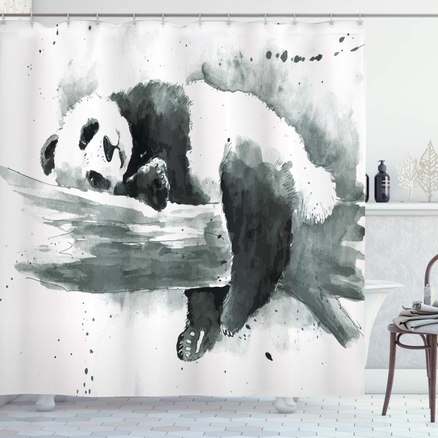 Ambesonne Panda Shower Curtain, Panda Lying on a Tree Branch Classic Watercolor Painting Style Art Print, Cloth Fabric Bathroom Decor Set with Hooks, 69" W x 84" L, White Charcoal Grey