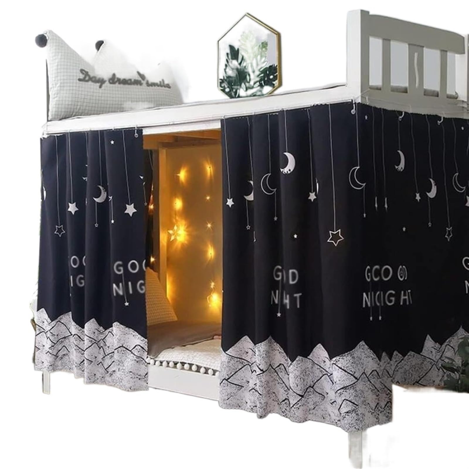 THE WHITE SHOP 2pcs Bunk Bed Fabric Net with Hanging Loop and Rope, non-mosquito Blackout Single Bed Curtain, Dormitory Privacy Canopy Student Printed Curtains-Moon