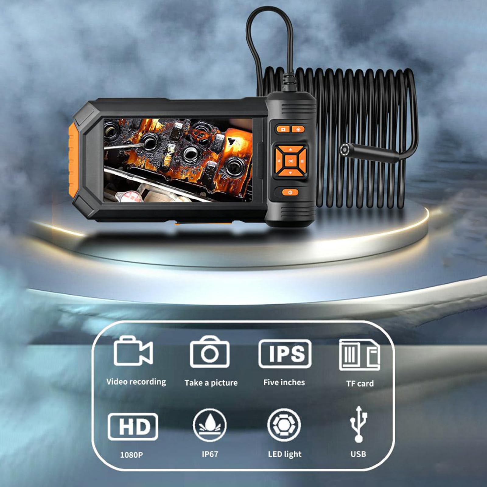 Shkalacar Kamera inspekcyjna rury, kamera endoskopowa ze światłem, boroskop HD 1080P z 5-calowym ekranem LCD, ze sztywnym kablem 16,4 stopy, kamerą kontrolną z pojedynczym lub podwójnym obiektywem