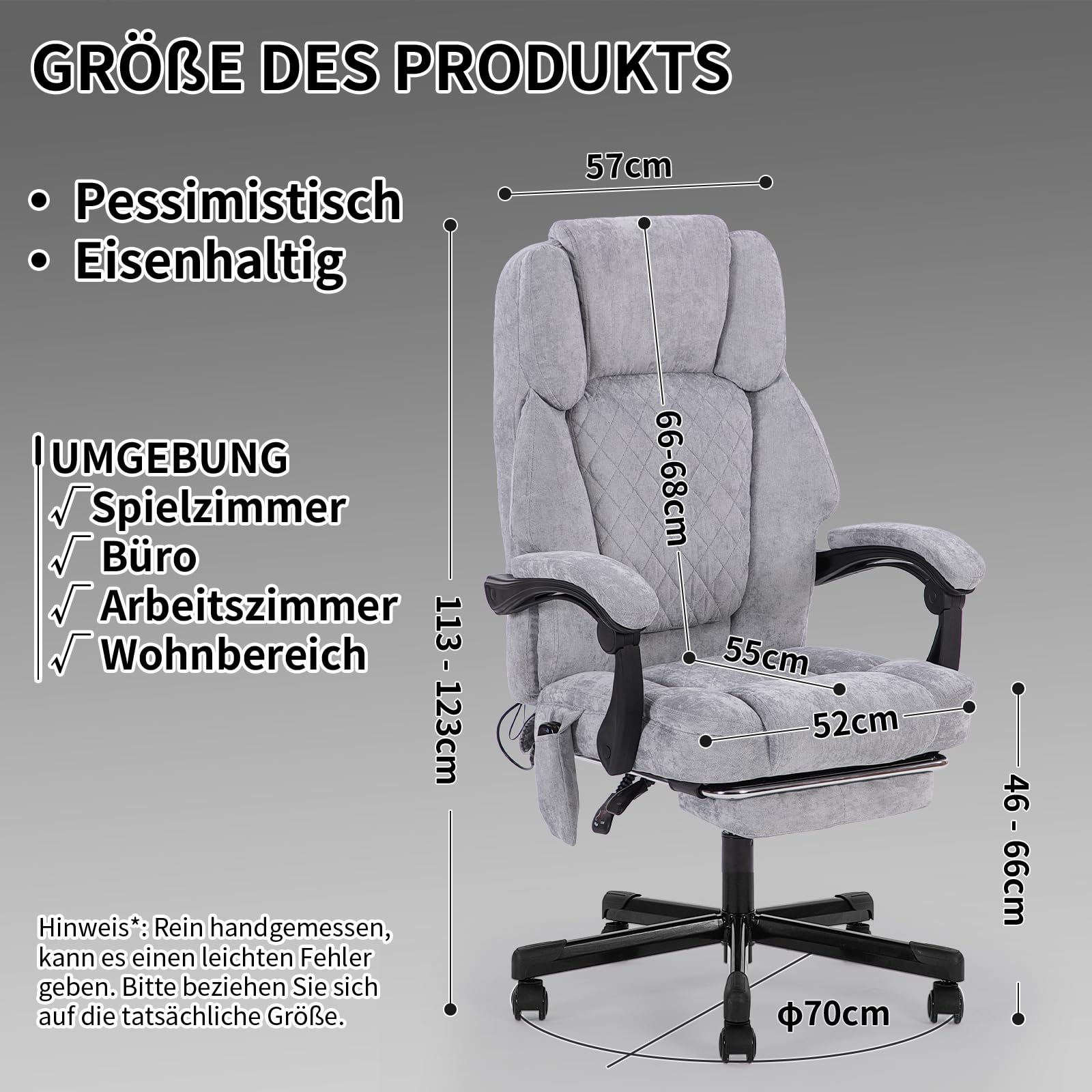 bürostuhl ergonomisch,Massage und Wärmesessel Stuhl, drehstuhl mit fußstütze, möbel für arbeitszimmer, pc Stuhl, chefsessel, Stoff (grau)