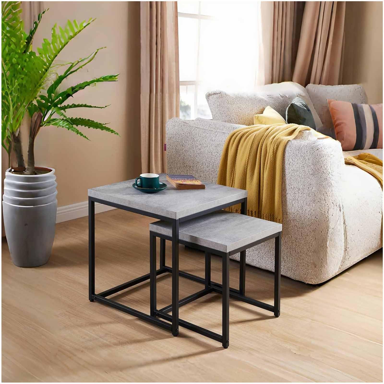 SXZenSpace Grey Nesting Coffee Table | End Side for Living Room, Faux Concrete, Mid-Century Modern, 17.7" Square Wood And Metal (Grey Marble)