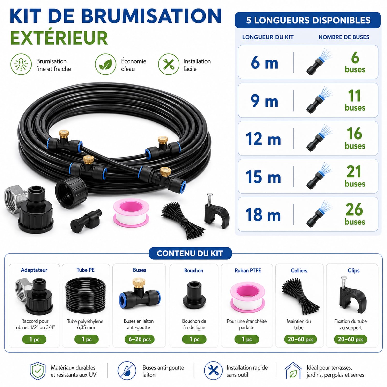 Générique Brumisateur Terrasse Exterieur Kit, Convient aux patios, Jardins, serres, piscines et parasols (20m)