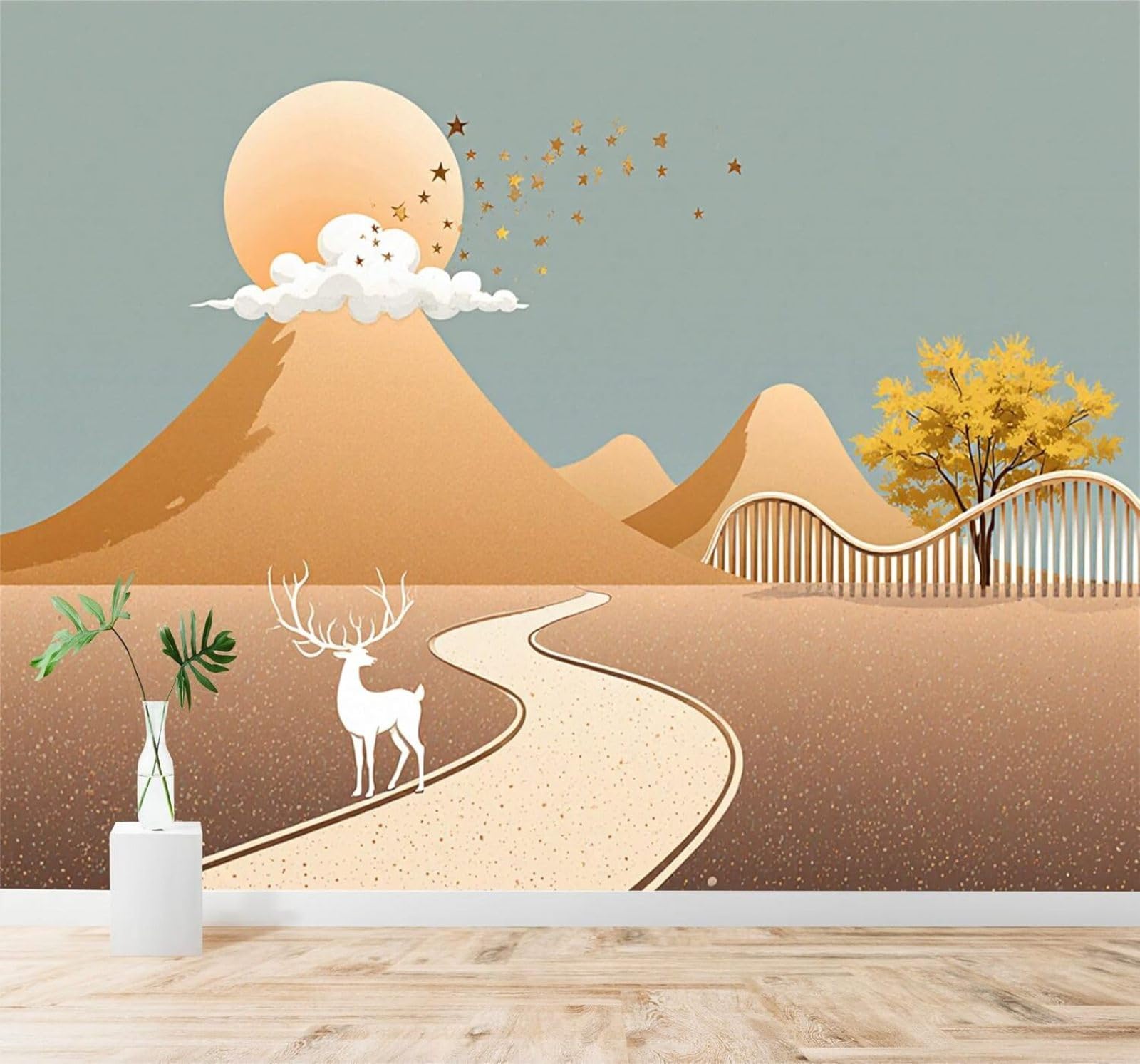 XLMING Fawn Golden Mountains Sunlight Trees Landscape 3D Wallpaper Premium Textured Silk Study Dining Living Room Bedroom Sofa TV Wall Easy Install-400cm×280cm