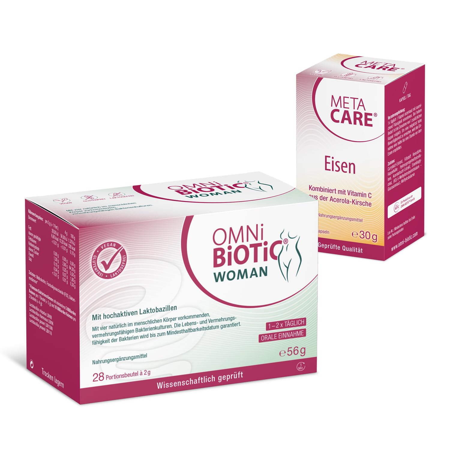 Paket aus OMNi BiOTiC WOMAN, 28 Portionen + META CARE Eisen, 60 Kapseln, Ganzheitliches Vitalpaket für Frauen in jeder Lebensphase, Vegan