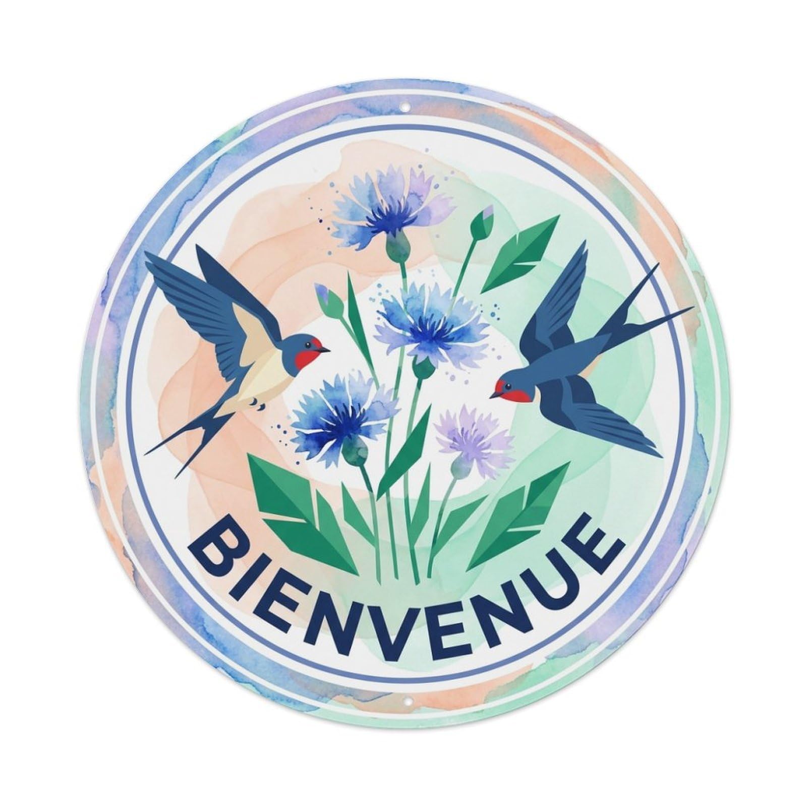 Watercolor Bird Slogan Bienvenue Cornflower Metal Tin Sign