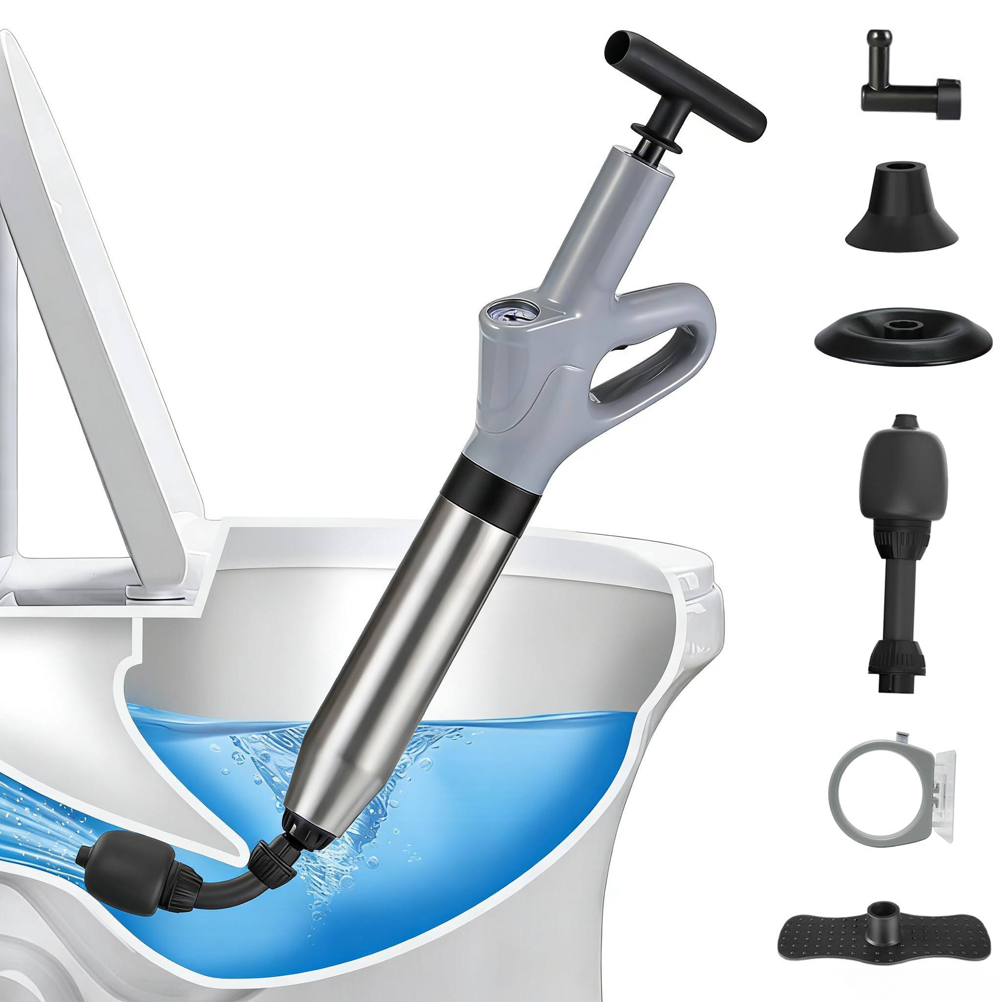 Photo 1 of Toilet Plunger, High Pressure Drain Unclogger Plungers with Pressure Gauge, toilet auger Air Drain Blaster, Versatile Heavy Duty Clog Remover for Bathroom, Kitchen, Floor Drain (Gray)