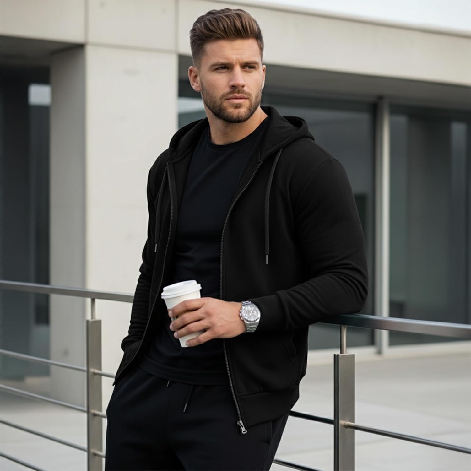 Ohoo Mens Slim Fit Lightweight Zip Up Hoodie Long Sleeve Full-Zip Hooded Sweatshirt with 3-Piece Fabric Panel Hood