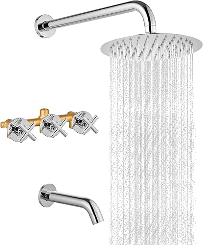 Airuida Grifo de ducha de 3 asas pulido cromado montado en la pared cabezal de ducha redondo de lluvia de 8 pulgadas con boquilla de cascada kit de