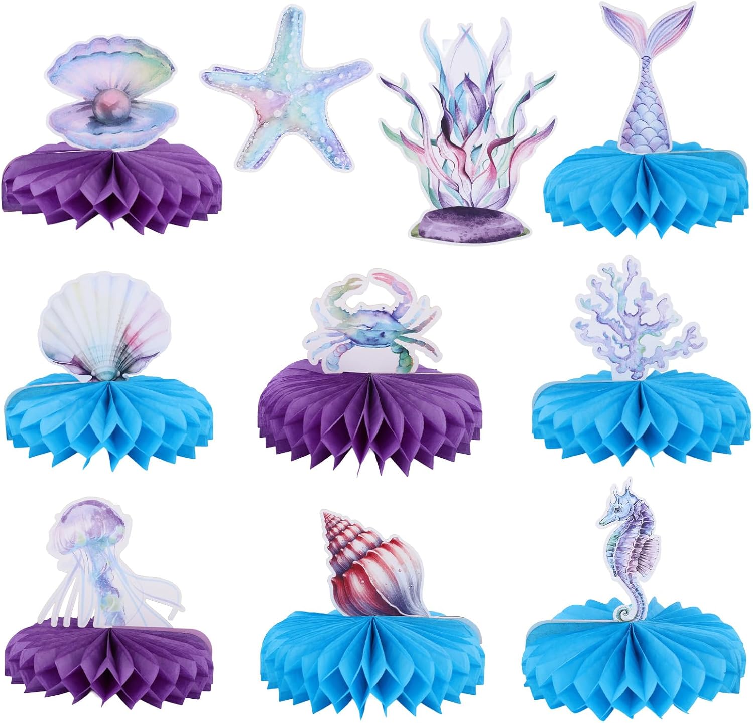 10pcs Mermaid Party Decorations, 3D Birthday Honeycomb Centerpieces for Ocean Under The Sea Party Little Baby Shower Supplies Mermaid Theme Table Cake Decorations for Kids