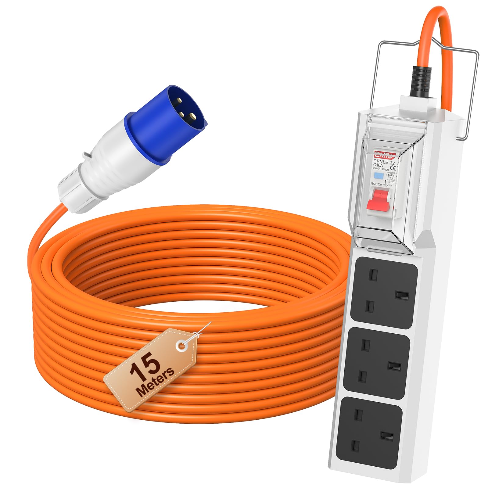 FDTEK Cable de conexión eléctrico para camping, cable de extensión RCD de 15 m con 3 enchufes del Reino Unido, artículos esenciales de camping para autocaravana, caravana, autocaravana, extensión de