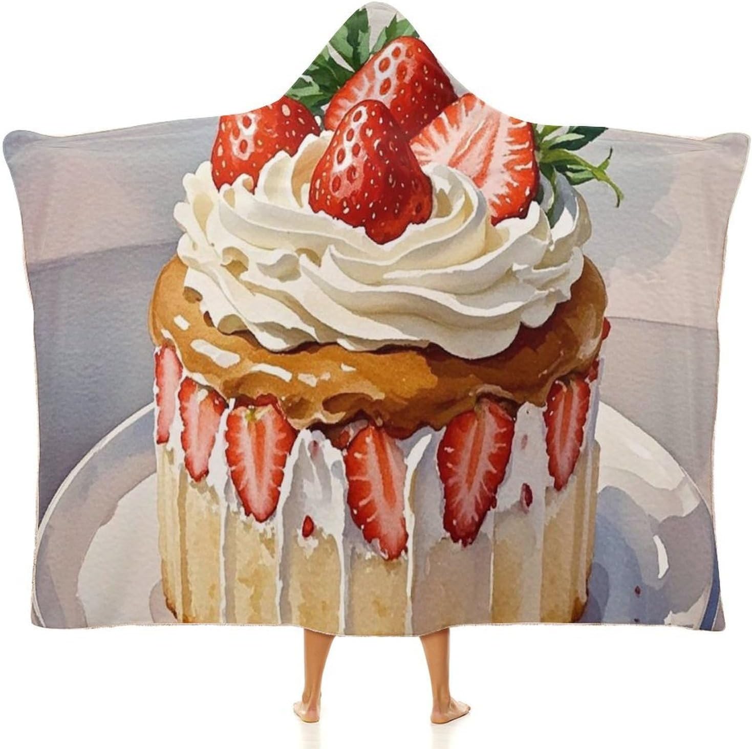 Strawberry Cream Cake Wearable Hooded Blanket, Ultra Soft Arctic Velvet Cape Cloak Unisex - Cozy Wearable Blanket