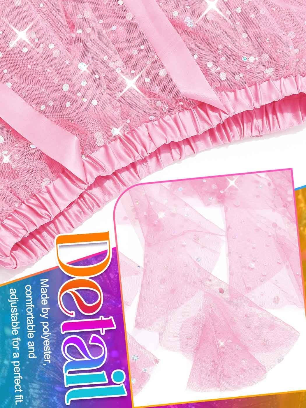 Nicute Sequin Ruffle Tulle Skirt High Low Dance Skirt Layered Dress Up Mermaid Costume for Women (Pink)