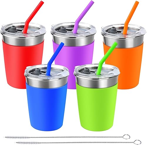 Miniatura 1 de Vasos para niños con popote y tapa, a prueba de derrames, paquete de 5 vasos de acero inoxidable de 12 onzas con posavasos, vasos de agua