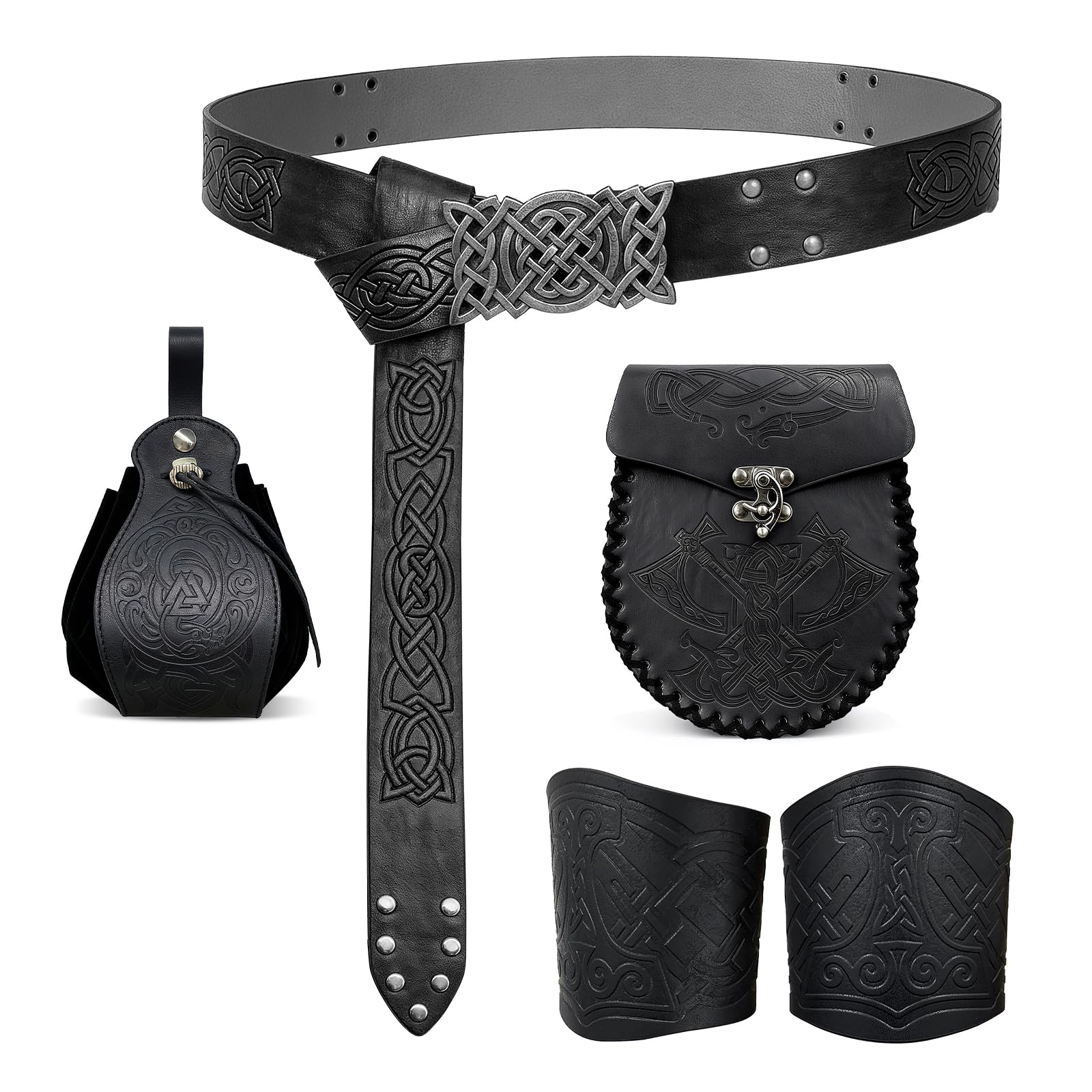 Accessoire Viking Femme Homme, Wikinger Gürtel Set, Mittelalter Gürteltasche Geprägte Kunstleder mit Manschette Armband & Lederbeutel