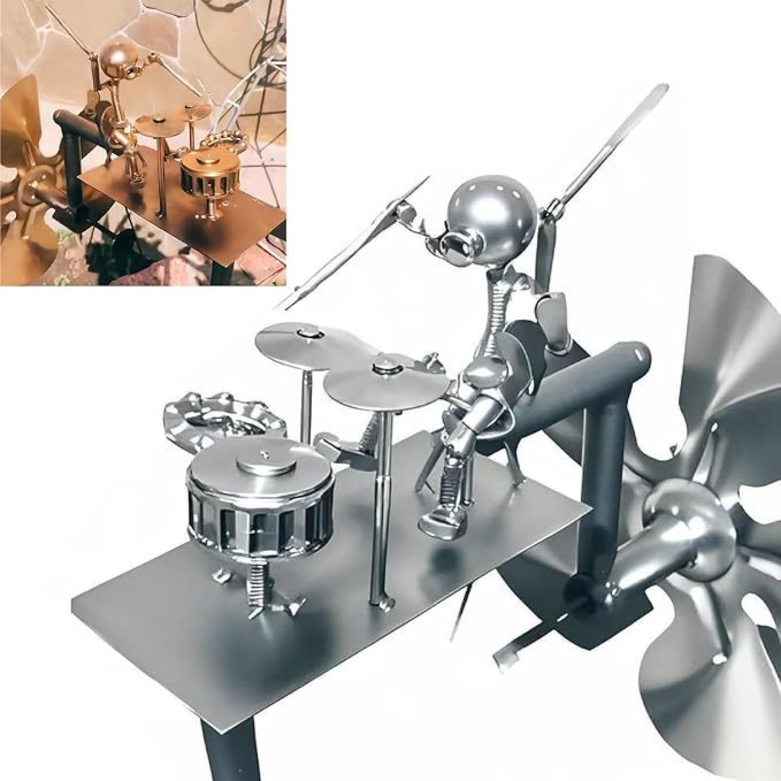 Handmade metal drummer's windmill - Steampunk garden spinner, powered wind sculpture for lawn, deck and patio decorations - Outdoor art for music lovers and gardening enthusiasts (Bronze + Silver)