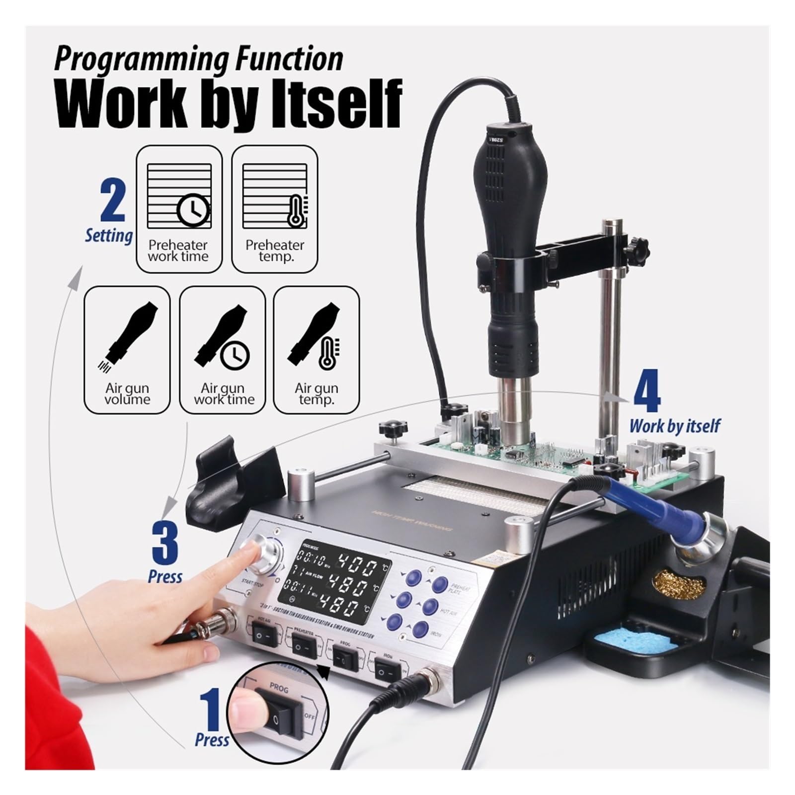 Stazione Di Saldatura Controllata Da Programma Da 1200 W Pistola Ad Aria Calda Dissaldante E Preriscaldamento Automatico Stazione Di Rilavorazione BGA 3 In 1 853AAA+,Controllo della stabilità