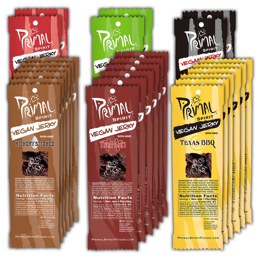 Primal Spirit Vegan Jerky - Most Popular Flavors Pack, 10 g. Plant Based Protein, ("The Classics" 6 Teriyaki, 6 Hickory Smoked, 6 Texas BBQ, 2 Thai Peanut, 2 Hot & Spicy, 2 Mesquite Lime 24-Pack, 1 oz